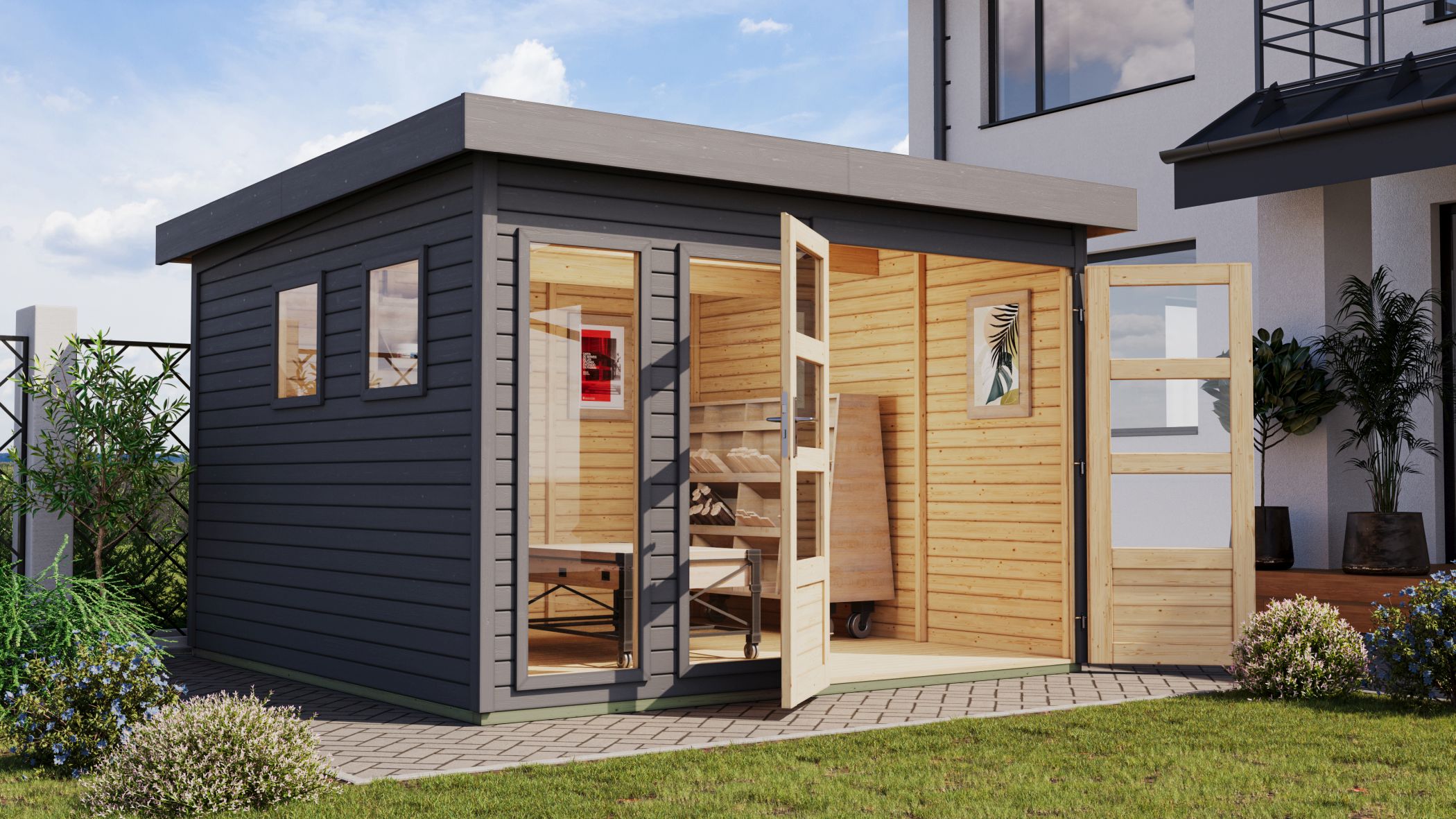 Karibu großes Gerätehaus Lahar 6 in Terragrau komplett im Garten