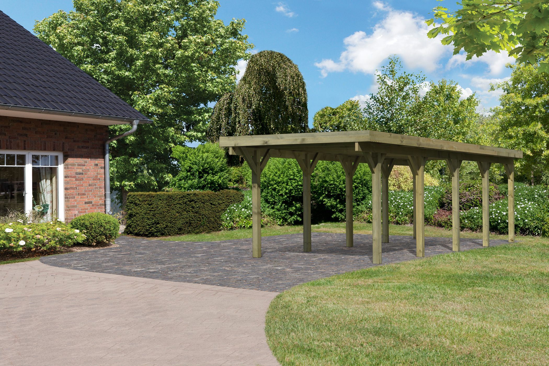 Außenansicht des Karibu Einzelcarport Classic 3 aus KDI-Massivholz mit Flachdach im Garten aufgebaut
