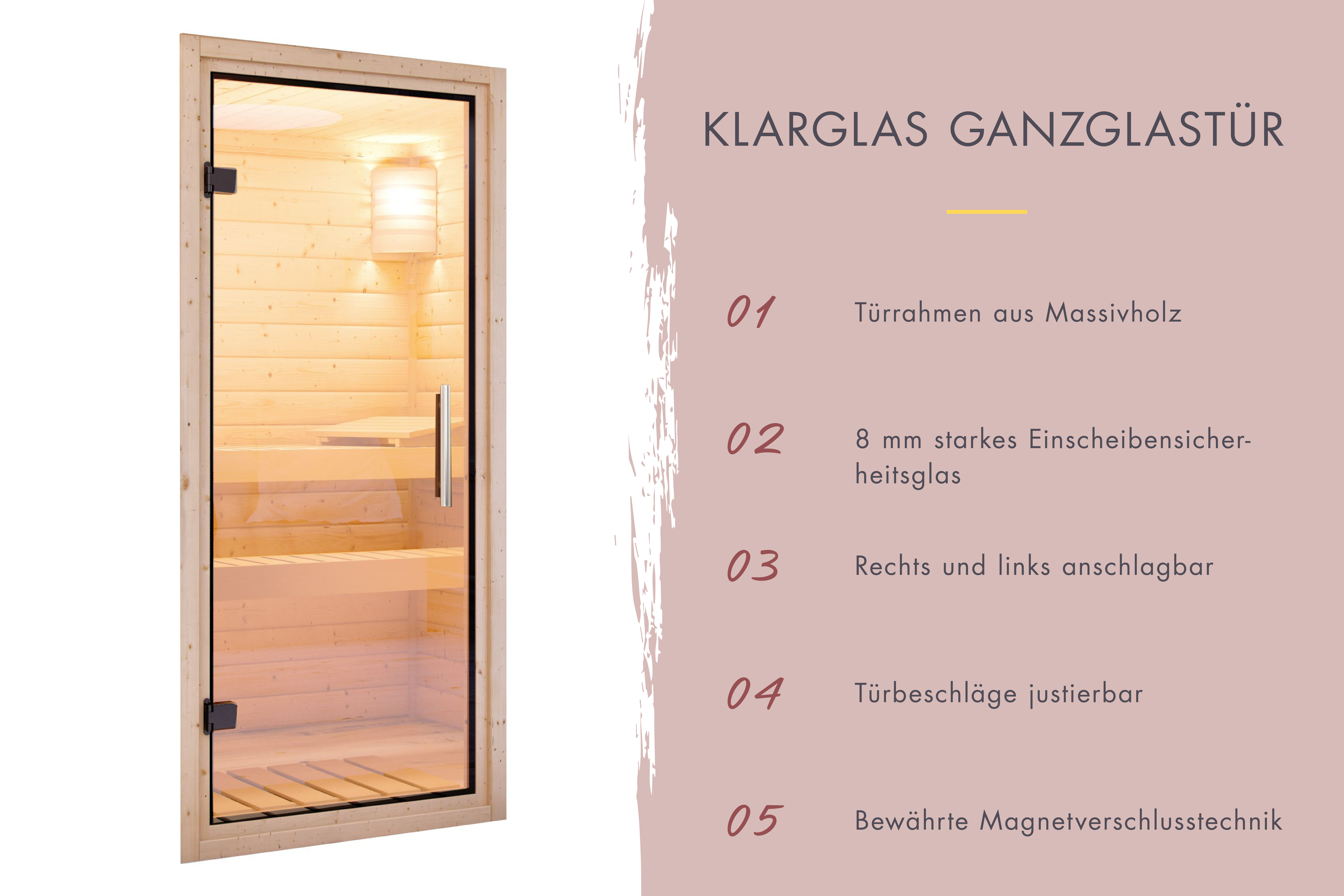 Klarglas-Ganzglastür aus 8 mm Einscheibensicherheitsglas mit Edelstahlgriff und Massivholzrahmen