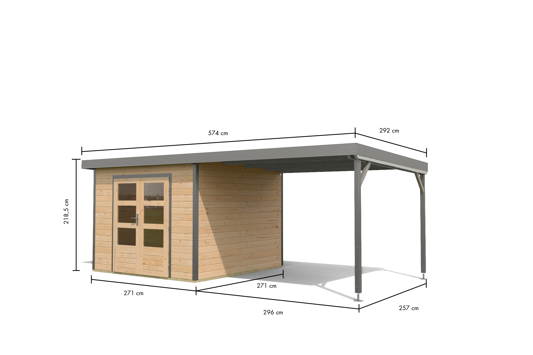 Bemaßte Maßzeichnung des Karibu Gartenhaus Holz & Metall Pluto 6 mit Anbaudach, 574 × 292 cm