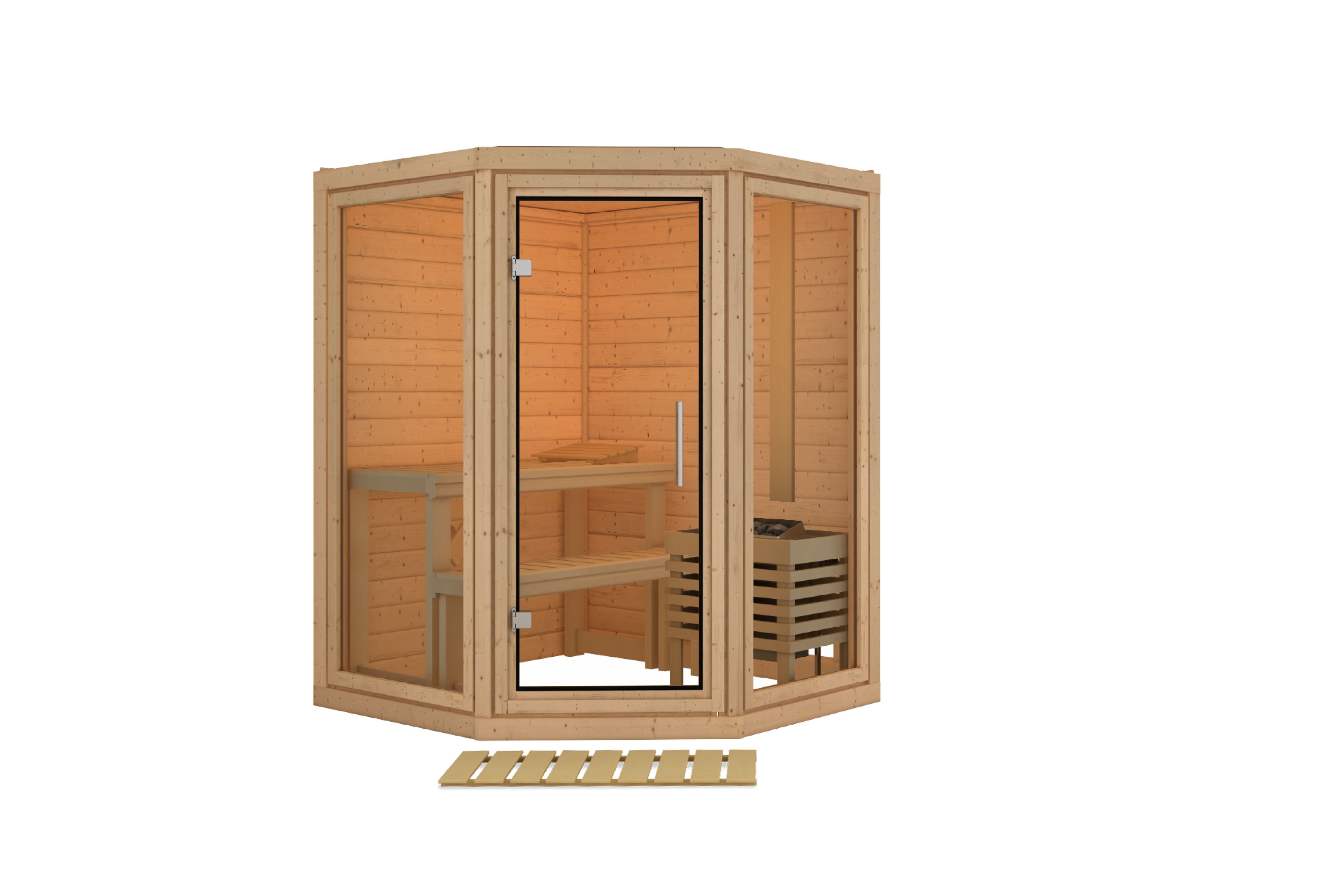 Innenansicht der Karibu Sauna Yuma mit Liegen und Kopfstütze aus hellem Espenholz