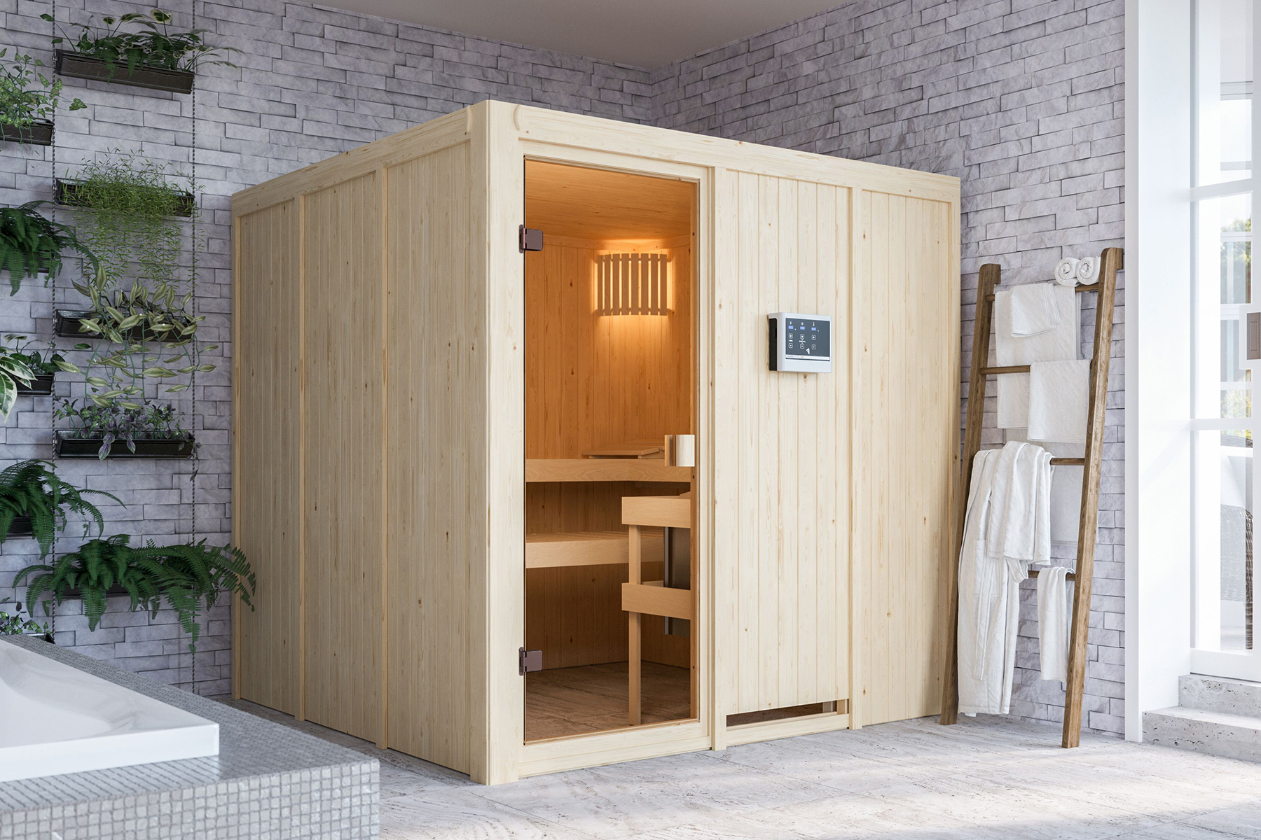 Karibu Sauna Oulu als hochwertige Sauna aus nordischer Fichte im Wohnraum-Ambiente