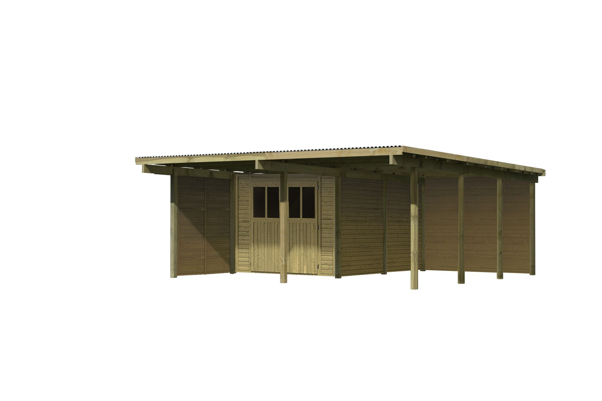 Außenansicht des Karibu Doppelcarport BASIC 2 aus KDI-Massivholz mit Flachdach im Garten aufgebaut
