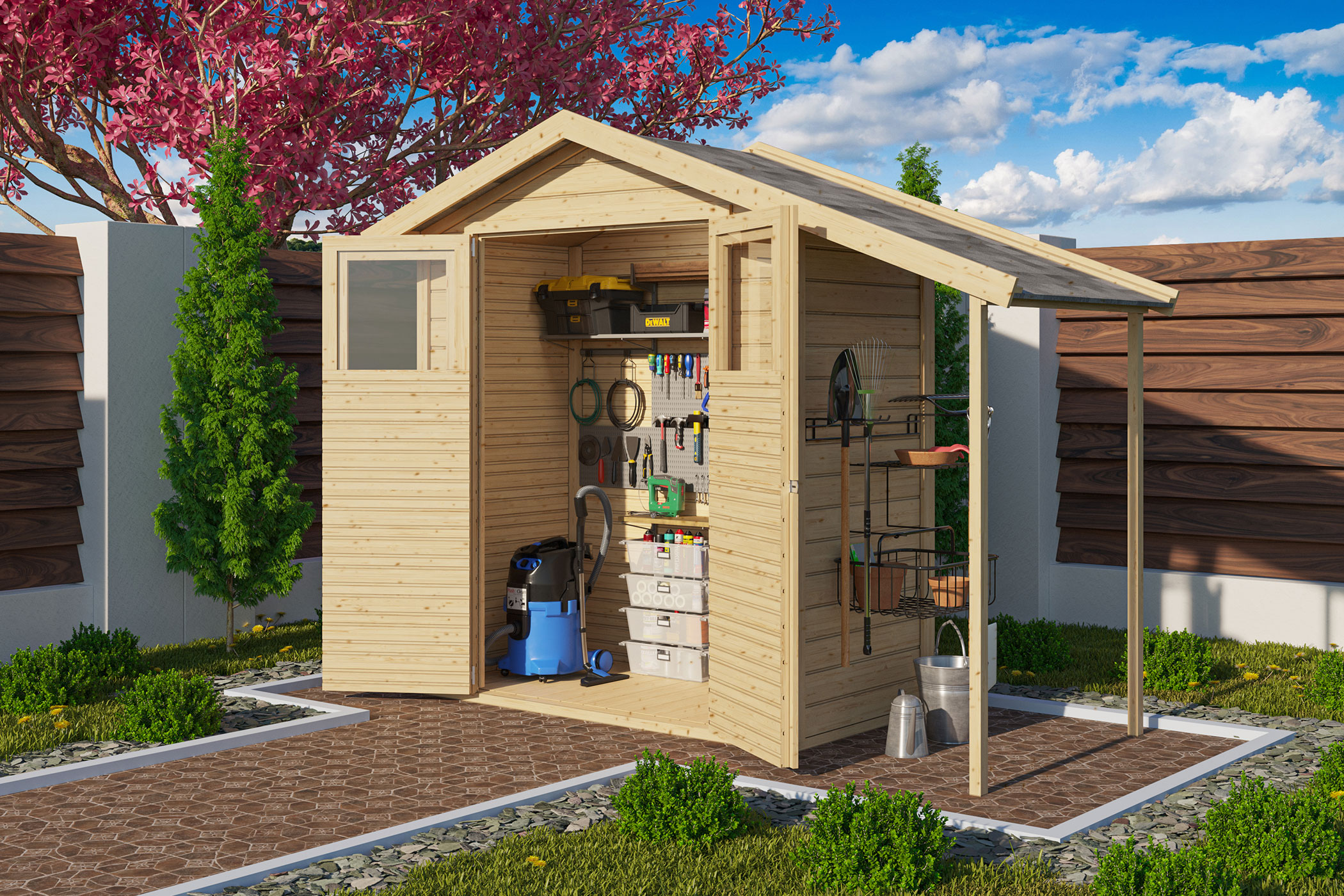 Karibu kleines Gerätehaus Dana aus Holz, im Garten aufgebaut