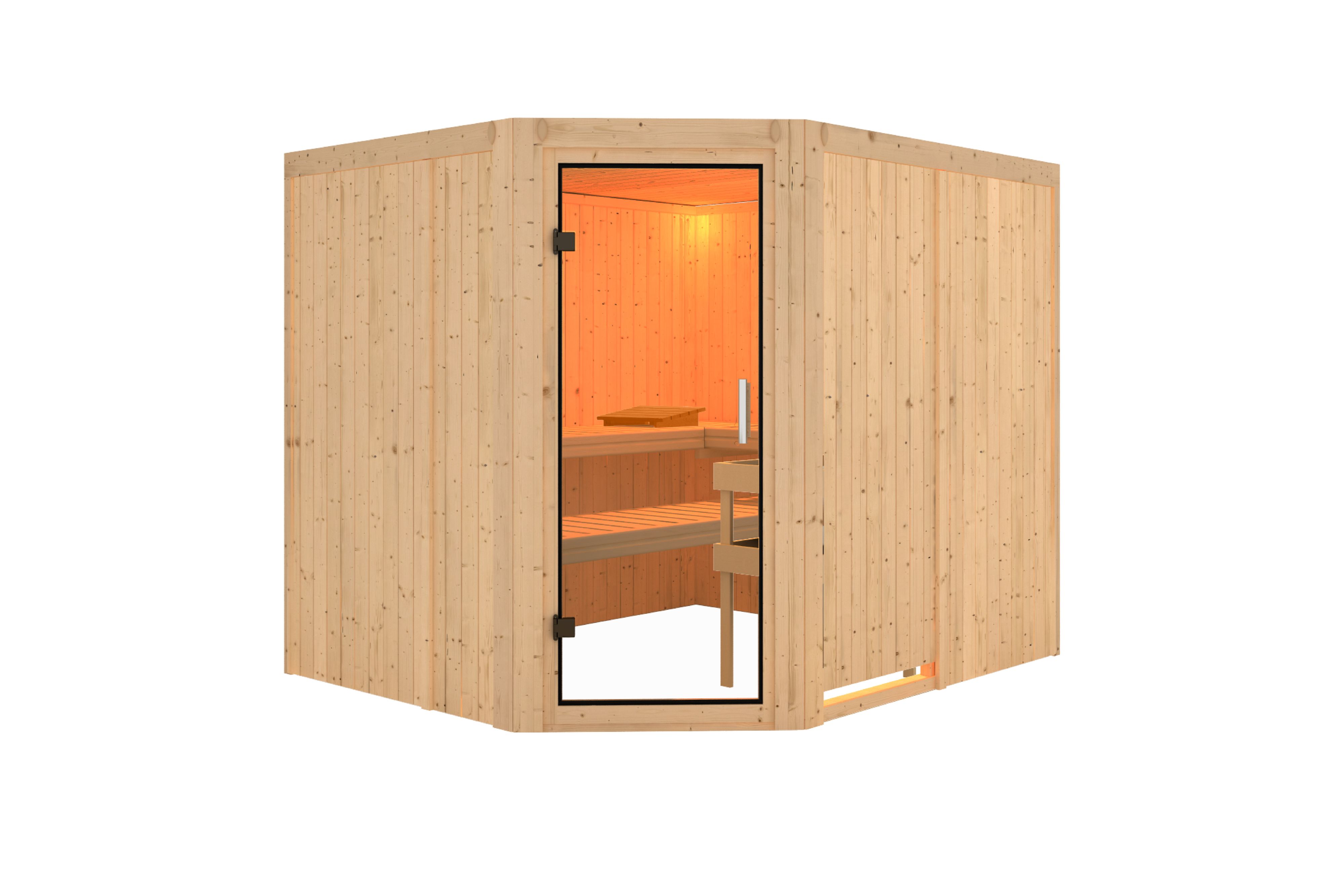 Innenansicht der Karibu Sauna Malin mit Liegen und Kopfstütze aus hellem Espenholz