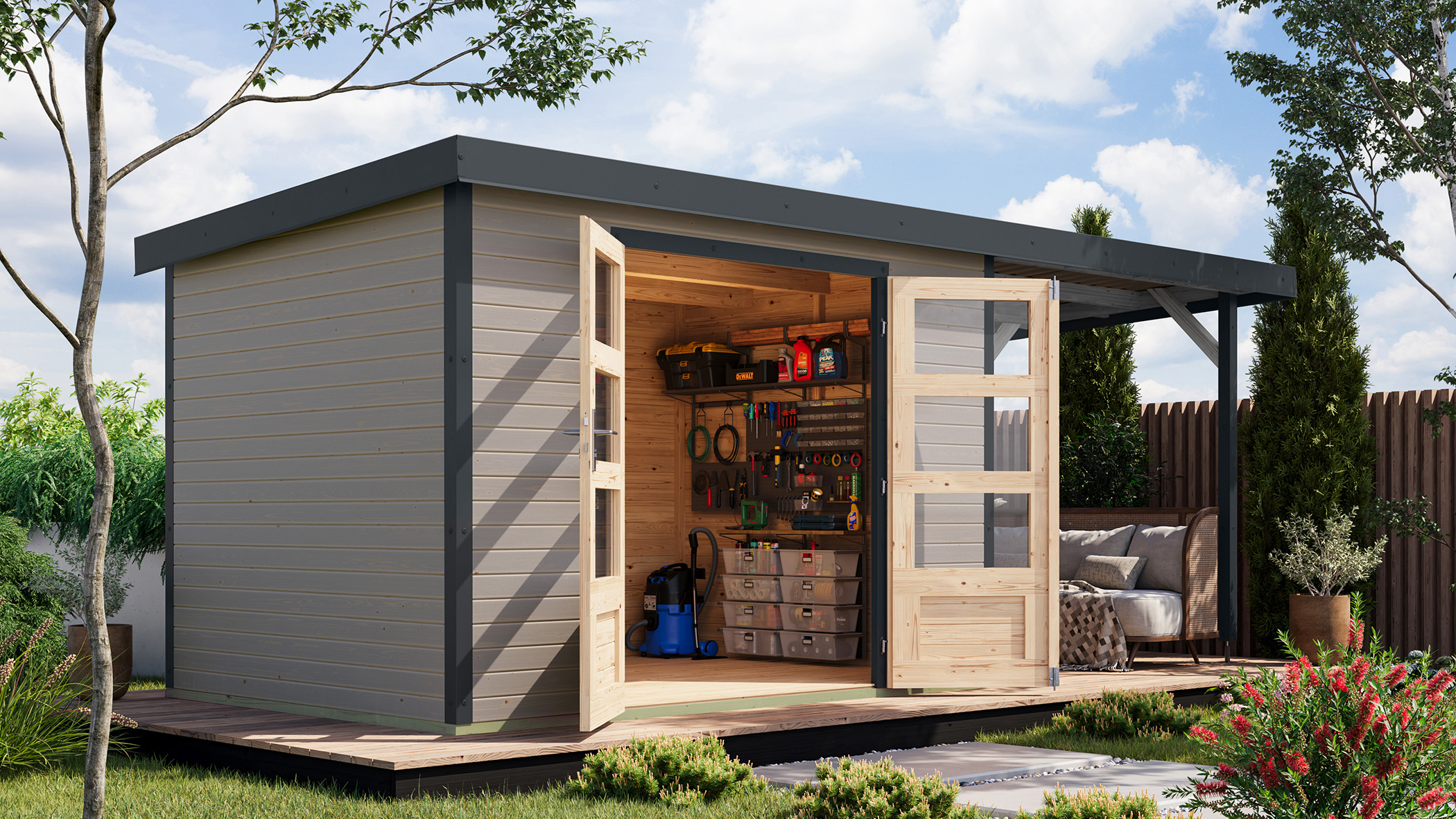 Karibu Gartenhaus Holz & Metall Jupiter 4 in Wassergrau mit Metall in Anthrazit und Anbaudach im Garten
