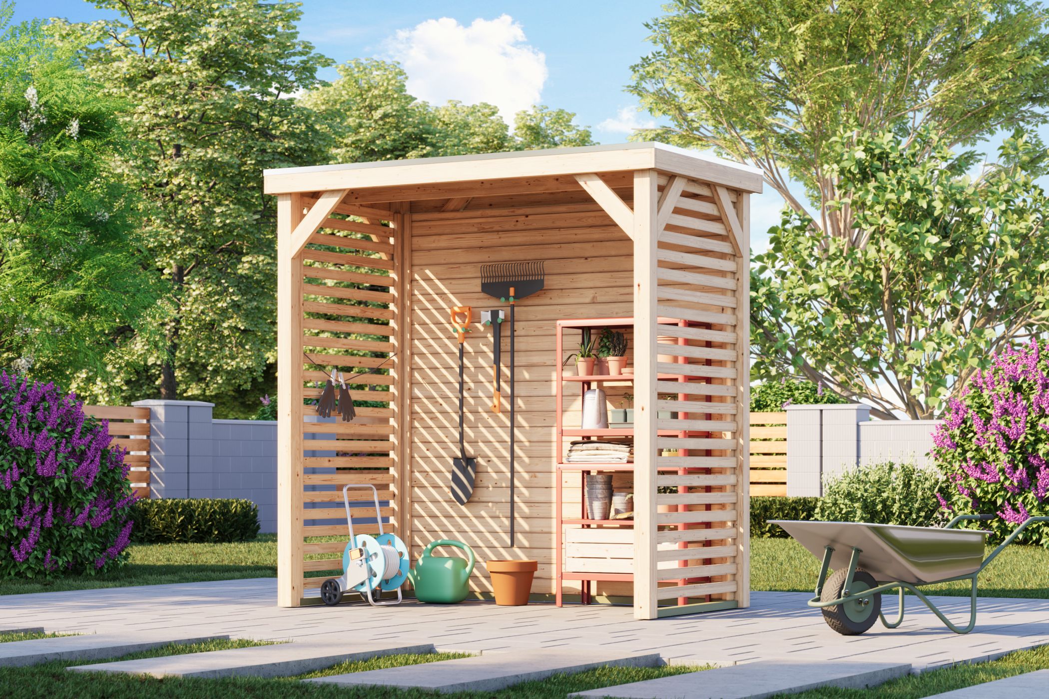 Karibu Cubeco Pavillon halb aus Leimholz mit Flachdach im Garten als Ambiente-Ansicht