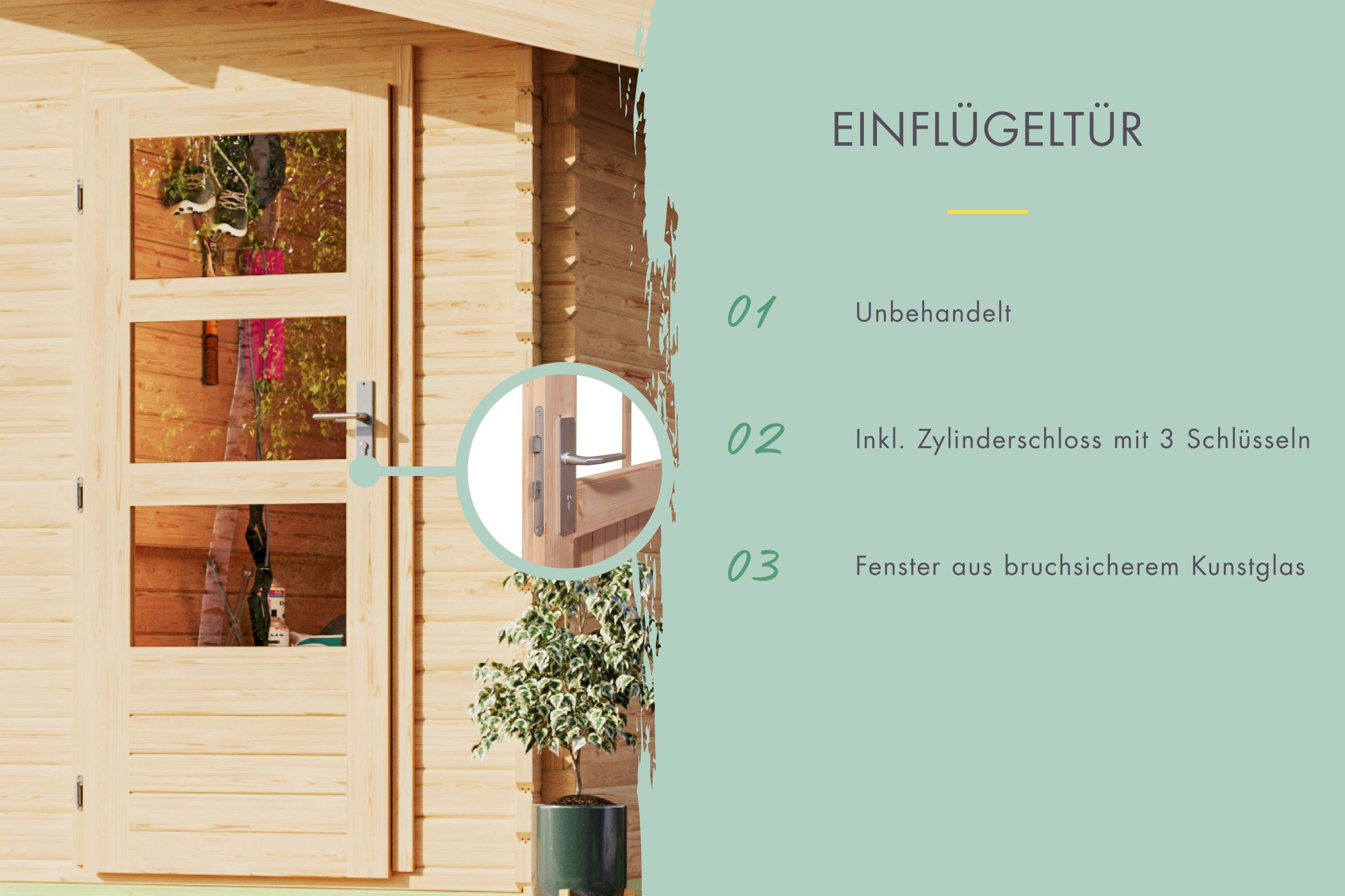 Doppelflügeltür des Karibu Gartenhaus Schönbuch 2 mit Zylinderschloss und Kunstglas
