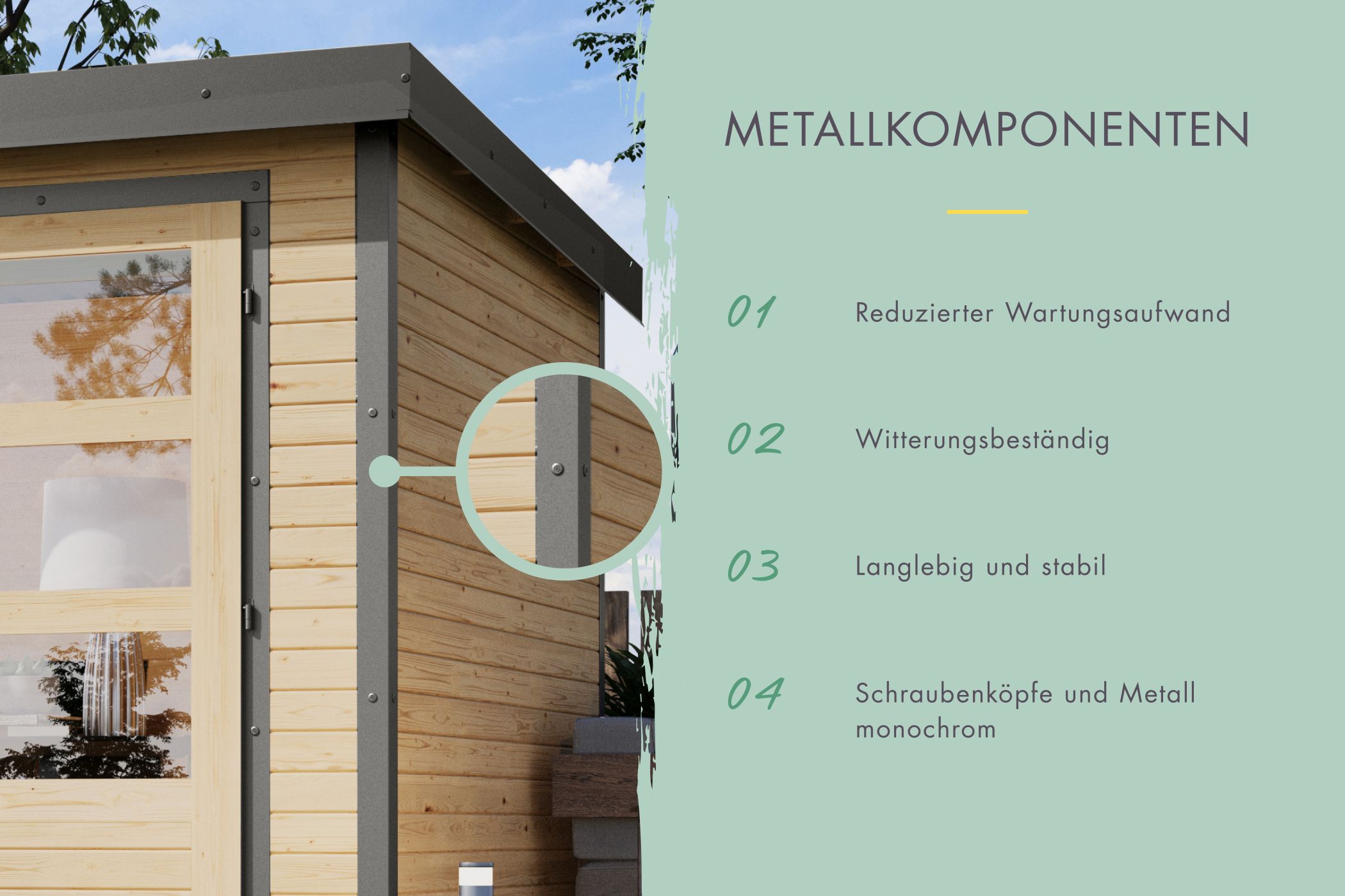 Metallkomponenten des Karibu Gartenhaus Holz & Metall Jupiter 3 für wartungsarme Ecken und Dachleisten