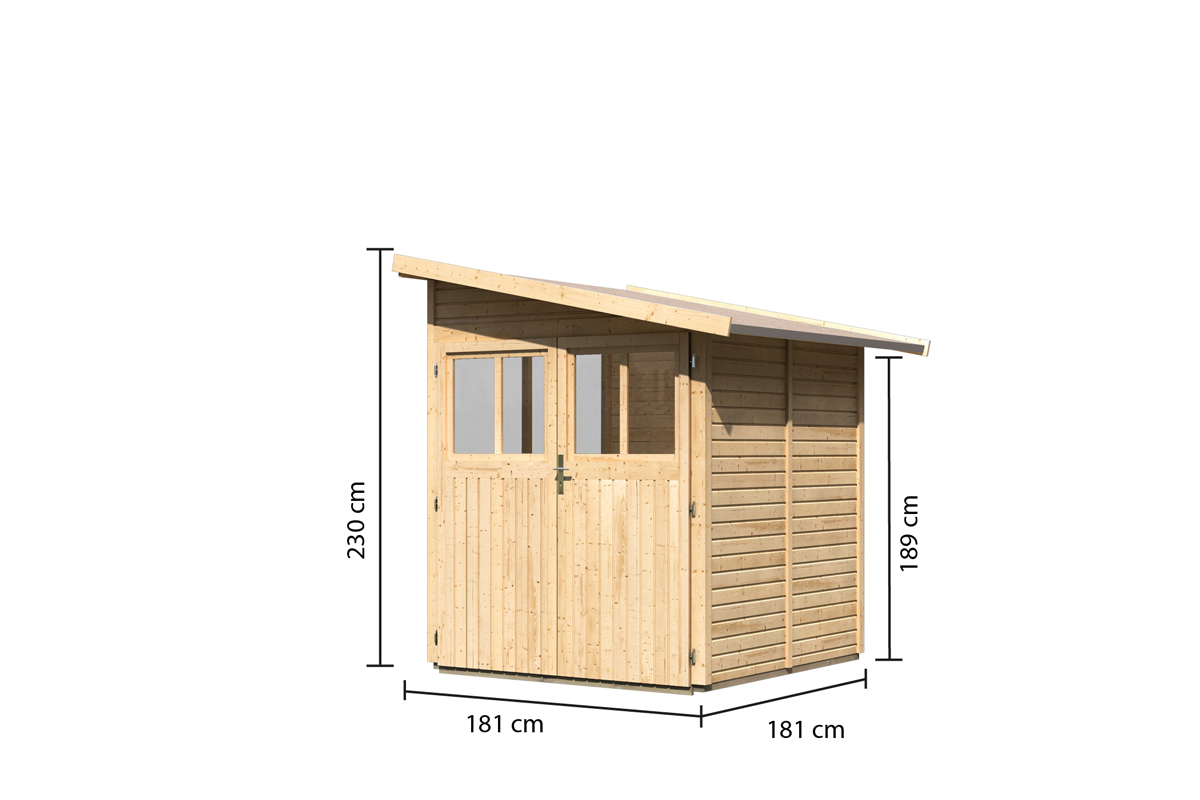 Bemaßte Maßzeichnung des Karibu Gerätehaus Wandlitz 2 mit Bemaßung