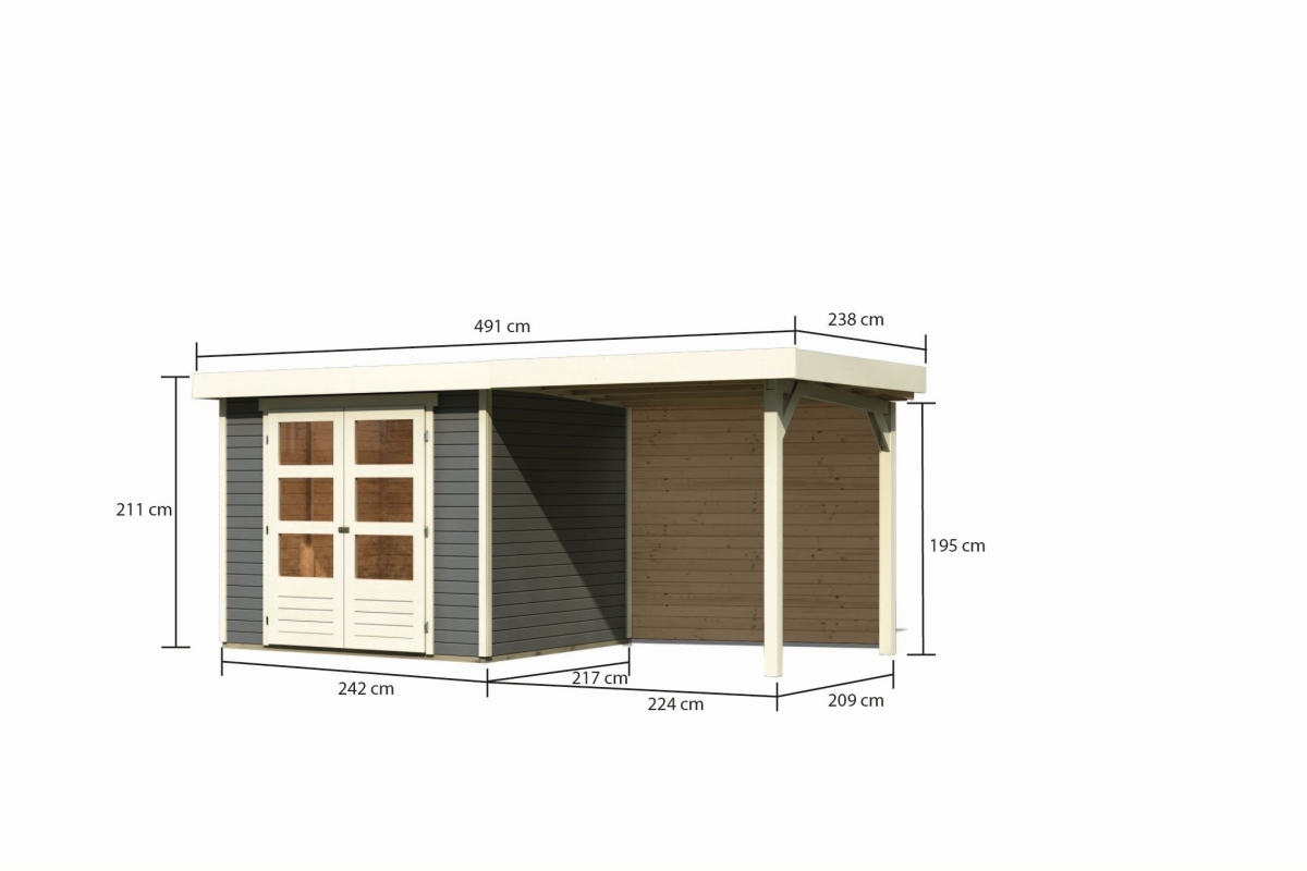 Bemaßte Maßzeichnung des Karibu Gerätehaus Askola 3 mit Anbaudach, 491 × 238 cm