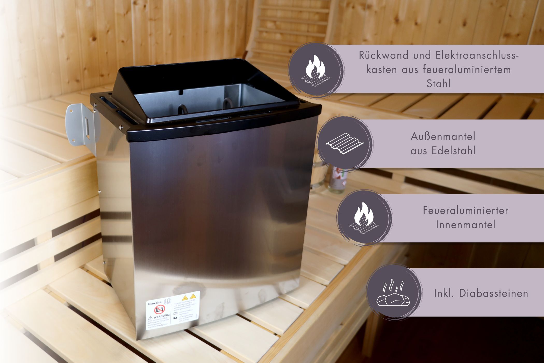 Karibu Saunahaus Ares 1 als Gartensauna aus Massivholz im Garten mit Glasfront