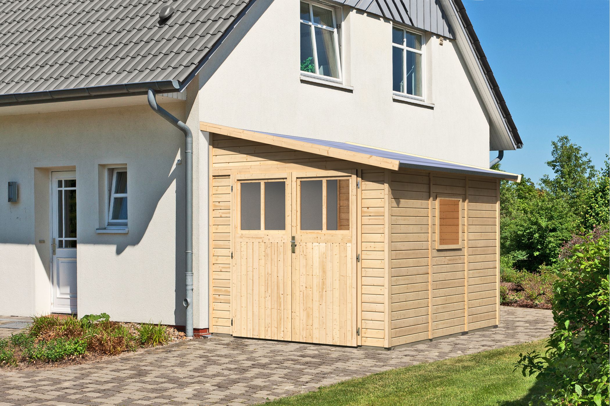 Karibu Gerätehaus Bomlitz 3 in Naturbelassen, Außenansicht