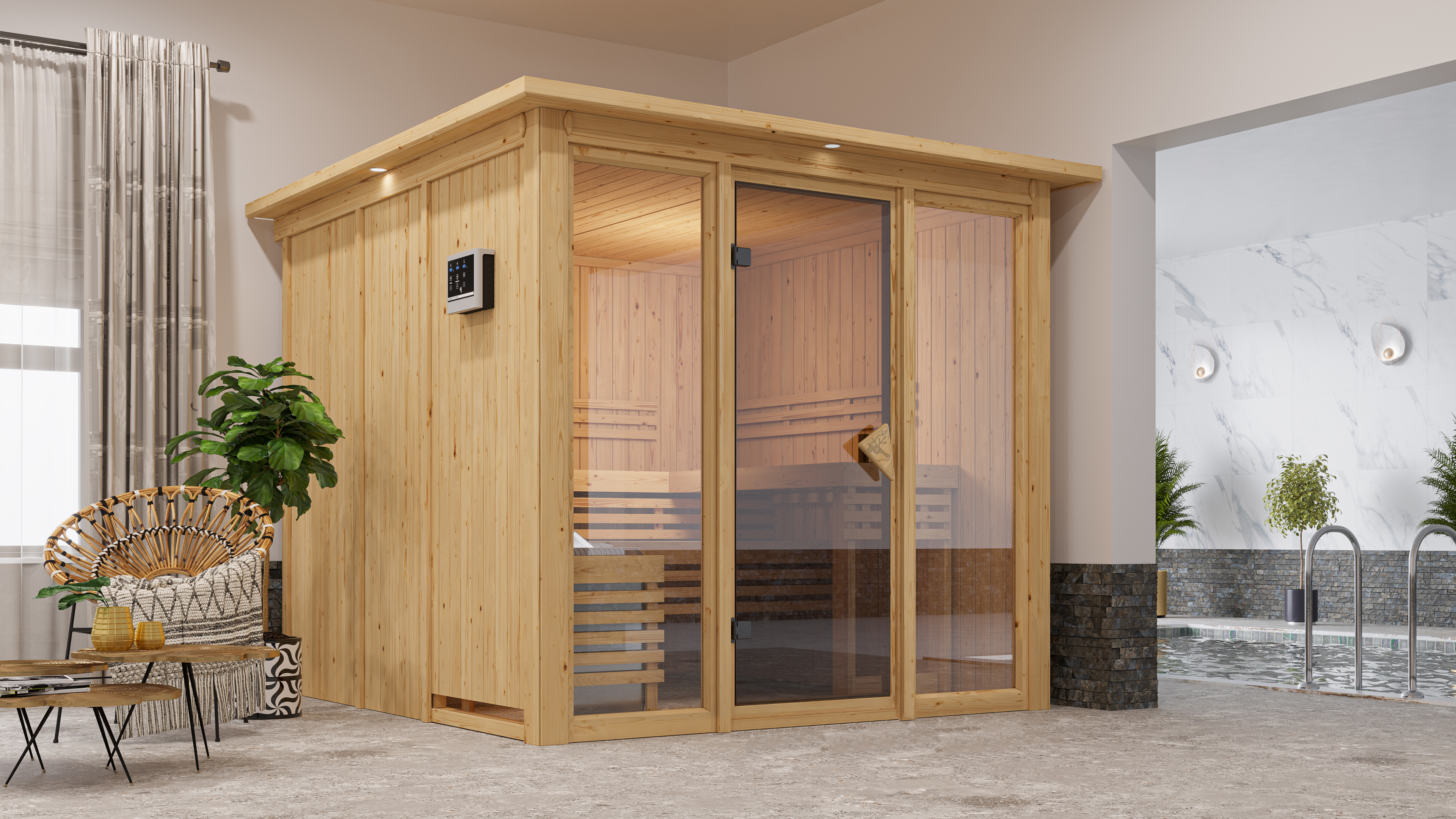 Karibu Sauna Askja als hochwertige Sauna aus nordischer Fichte im Wohnraum-Ambiente
