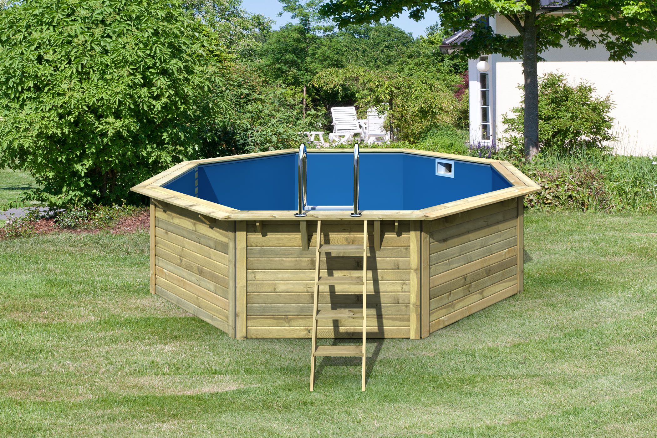 Ausstattungsübersicht des Karibu Pool Modell X2 in 38-mm-Blockbohlenbauweise mit Doppelflügeltür und Massivholzdach