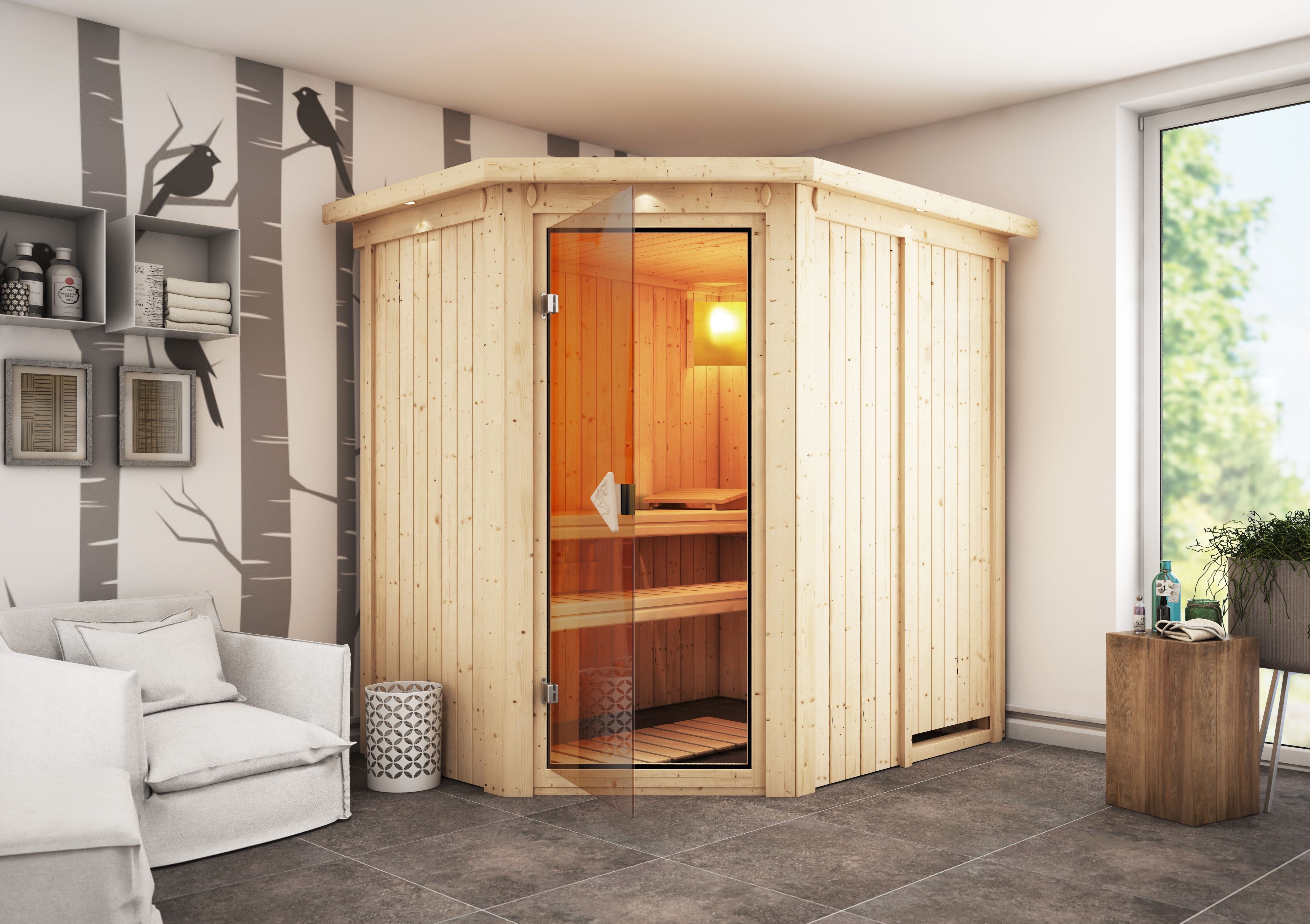 Karibu Sauna Carin als hochwertige Sauna aus nordischer Fichte im Wohnraum-Ambiente