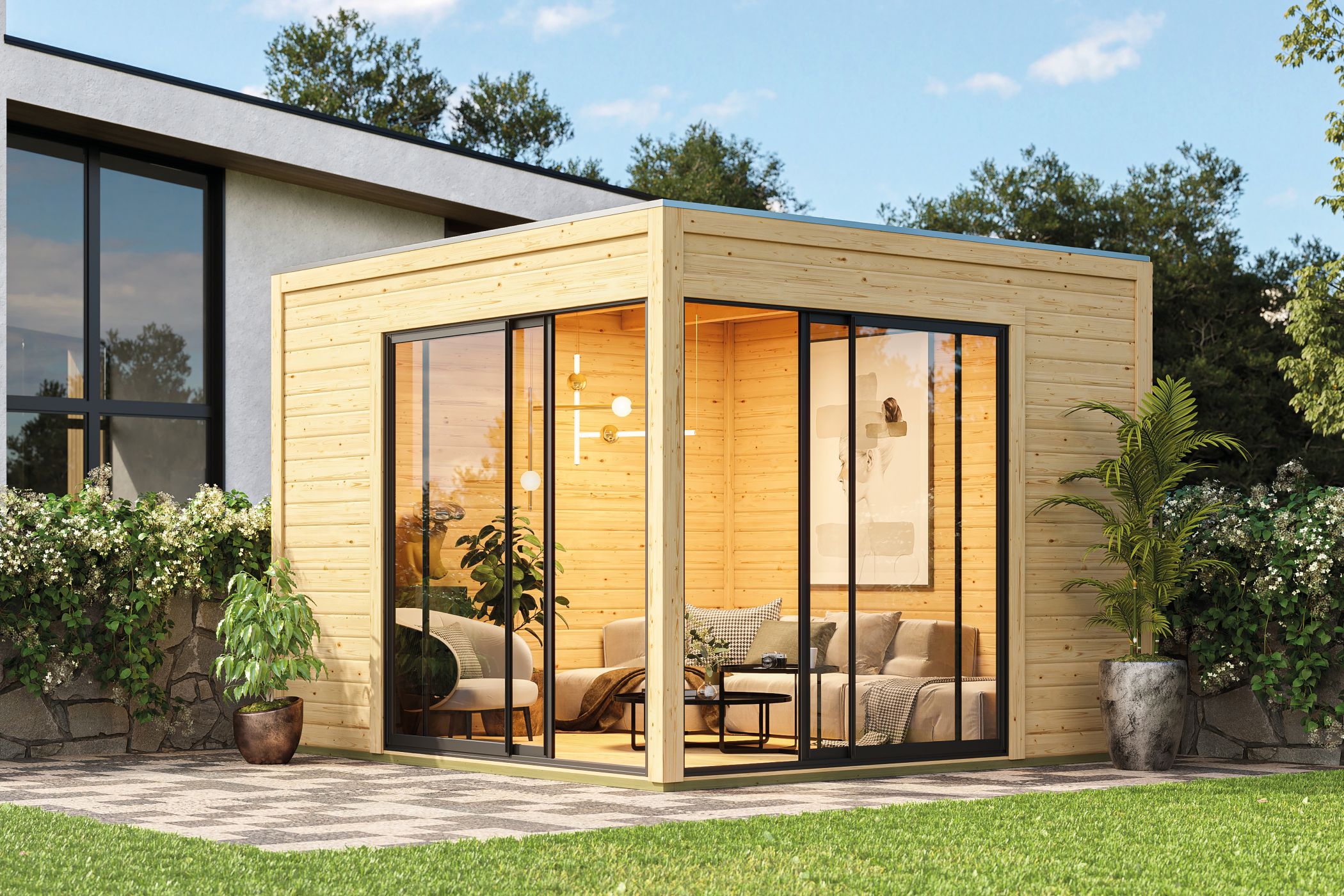 Karibu Poolhaus Dice 3, im Garten aufgebaut