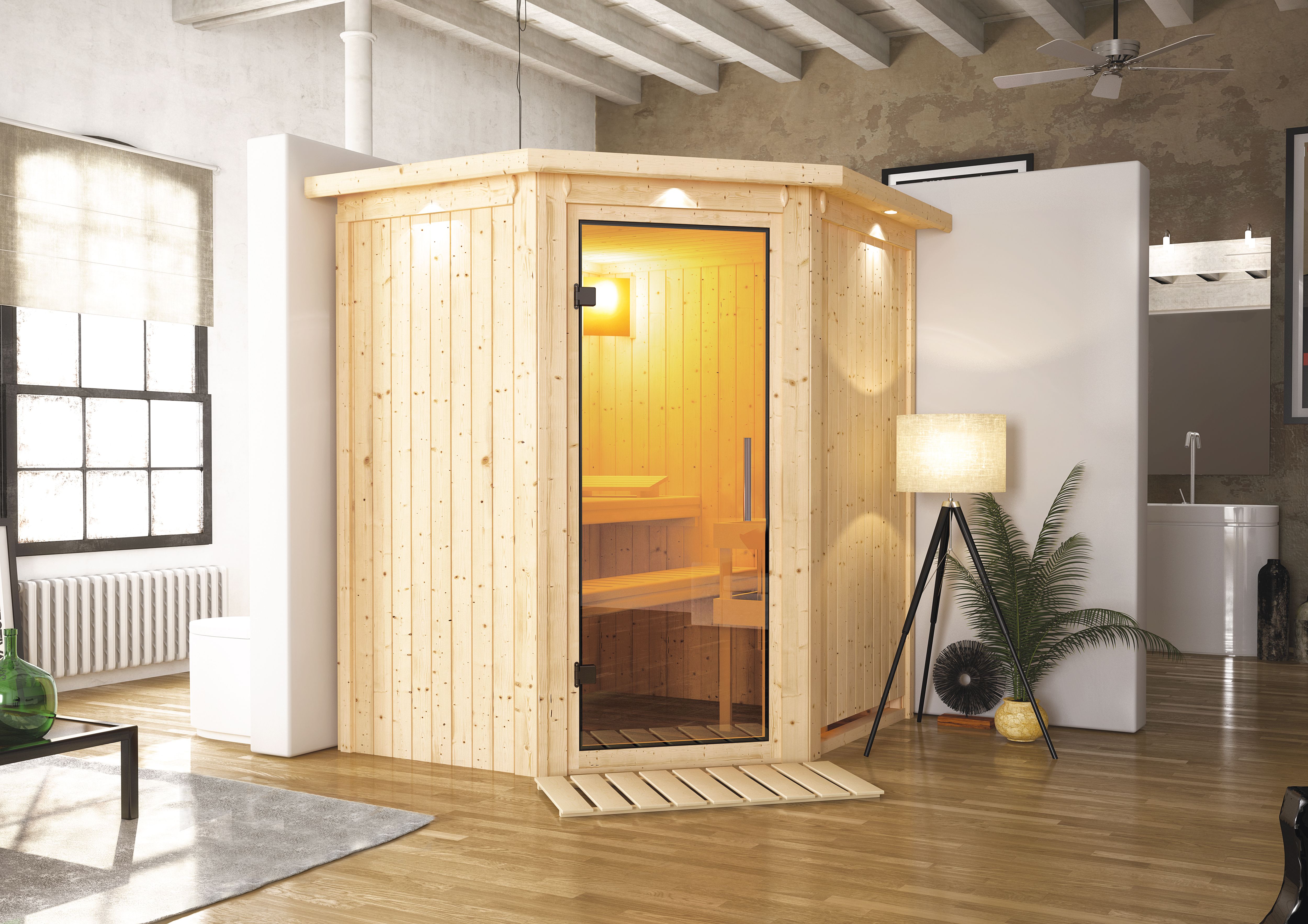 Karibu Sauna Taurin als stimmungsvoller Wellnessbereich in einem modern eingerichteten Wohnraum
