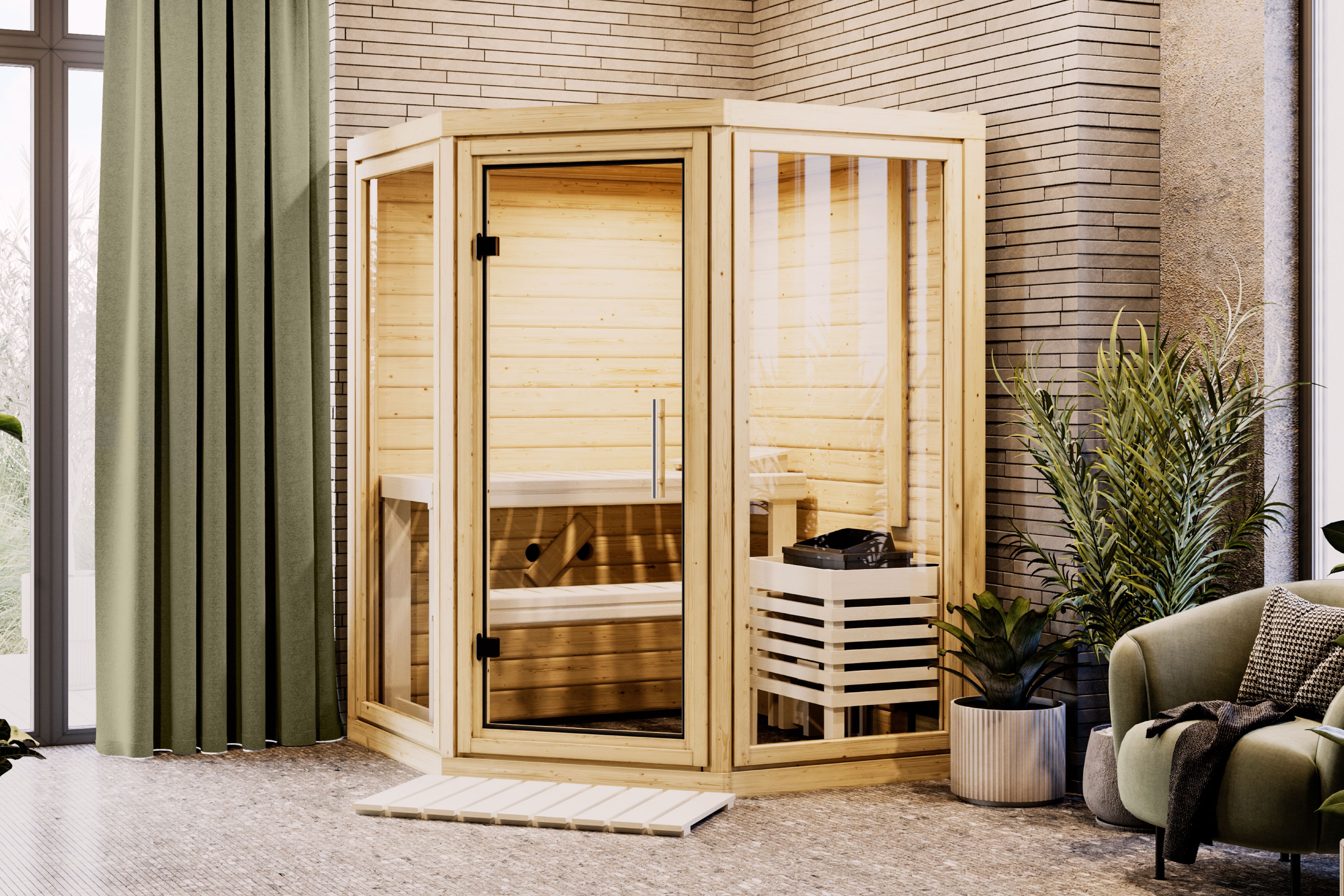 Karibu Sauna Yuma als hochwertige Sauna aus nordischer Fichte im Wohnraum-Ambiente