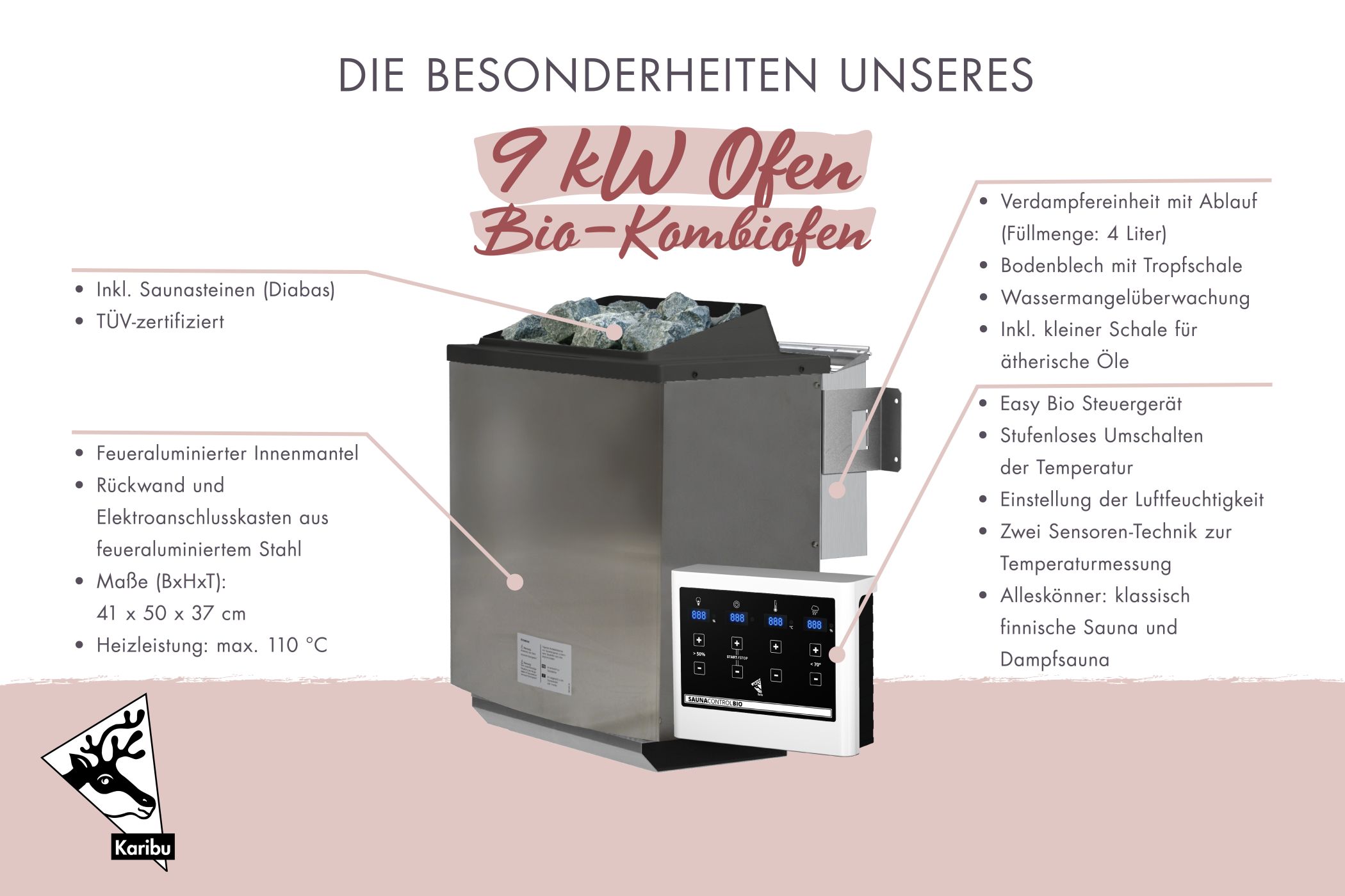Bio-Kombiofen mit 9 kW aus Edelstahl mit Verdampfer für finnische Sauna und Dampfbad