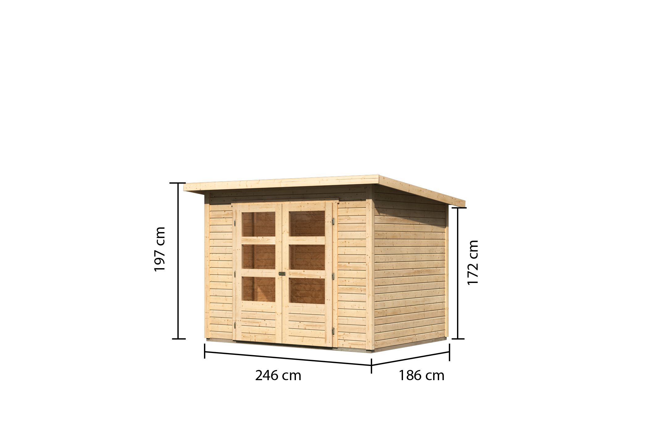 Bemaßte Maßzeichnung des Karibu Gerätehaus Stockach 3, 246 × 186 cm