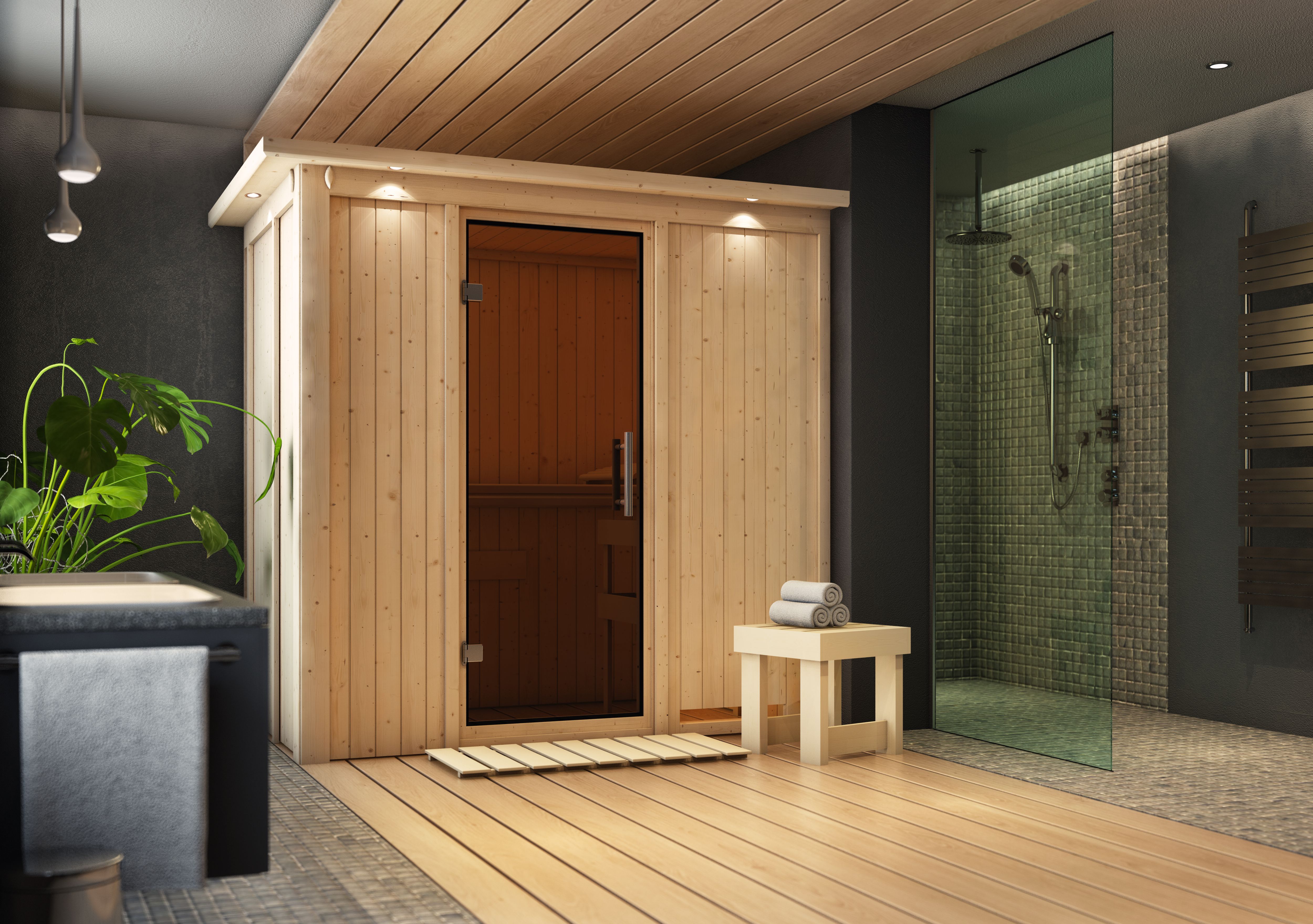 Karibu Sauna Variado als stimmungsvoller Wellnessbereich in einem modern eingerichteten Wohnraum