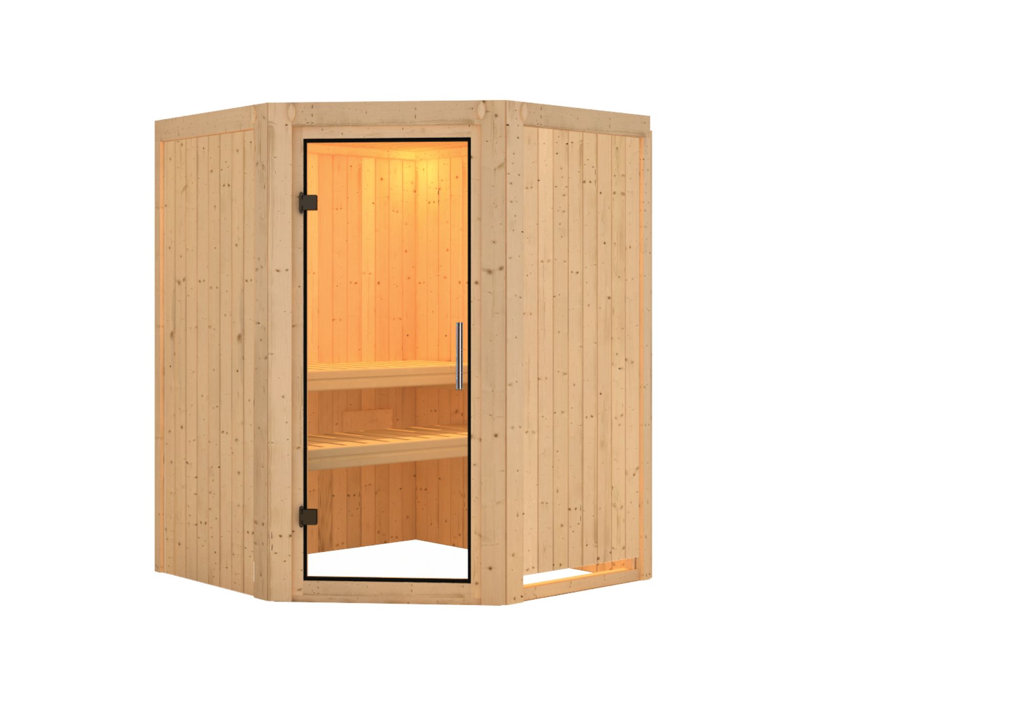 Innenansicht der Karibu Sauna Nanja mit Liegen und Kopfstütze aus hellem Espenholz