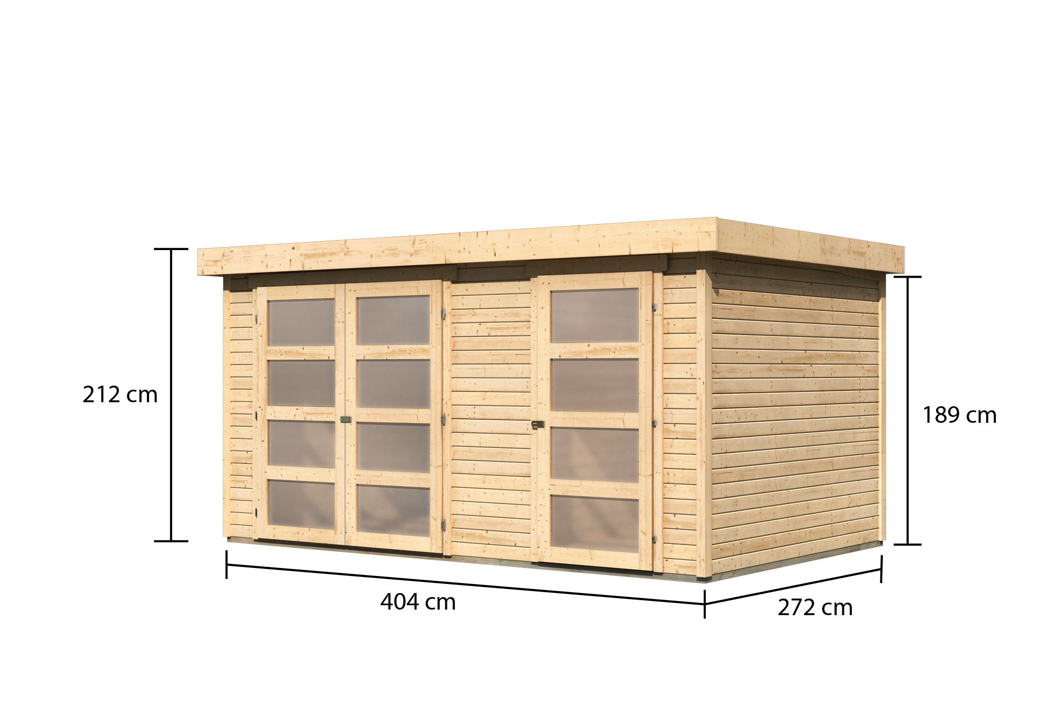 Bemaßte Maßzeichnung des Karibu großes Gerätehaus Mühlentrup 2, 404 × 272 cm