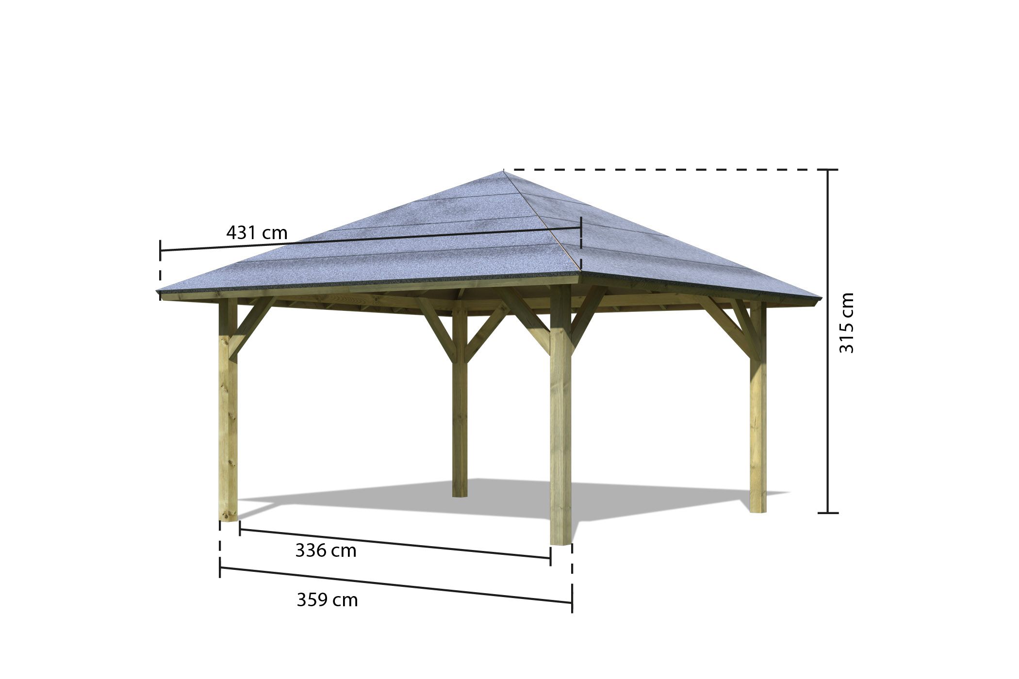 Maßzeichnung des Karibu Pavillon Holm 1 mit Dachmaß 431 × 431 cm und Firsthöhe 315 cm