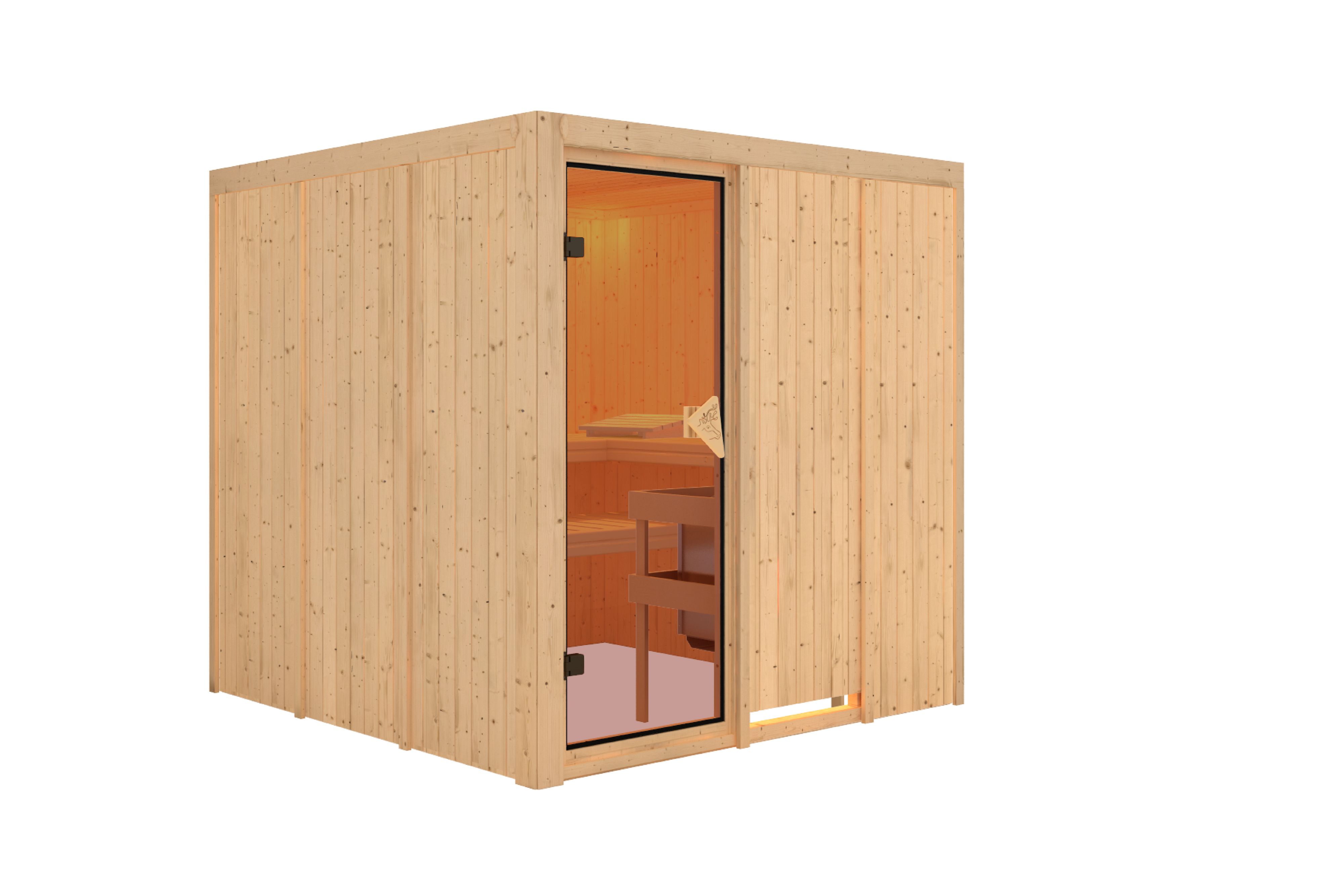 Innenansicht der Karibu Sauna Rodin mit Liegen und Kopfstütze aus hellem Espenholz