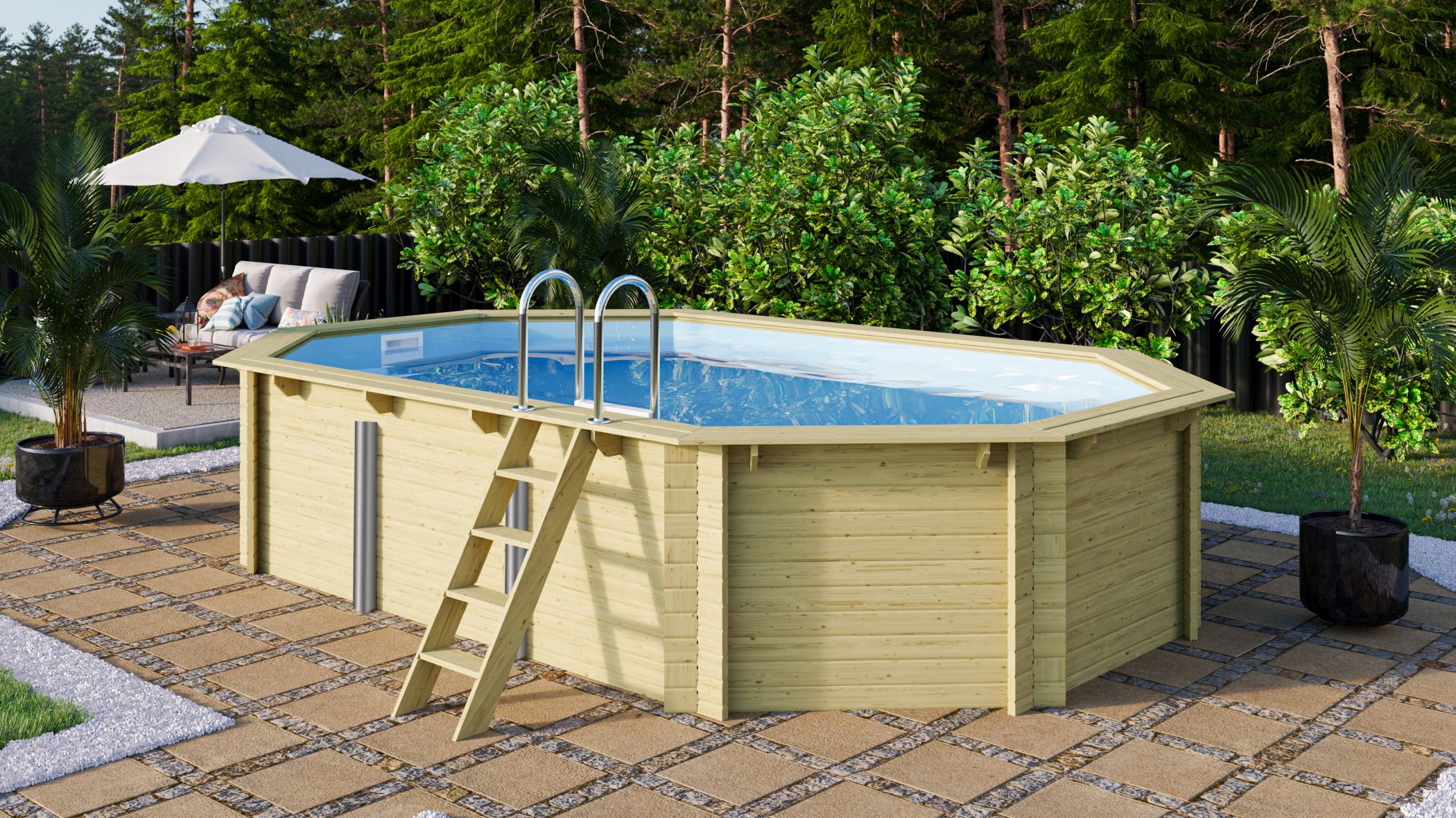 Karibu Pool Modell 4 mit Anbaudach im Garten