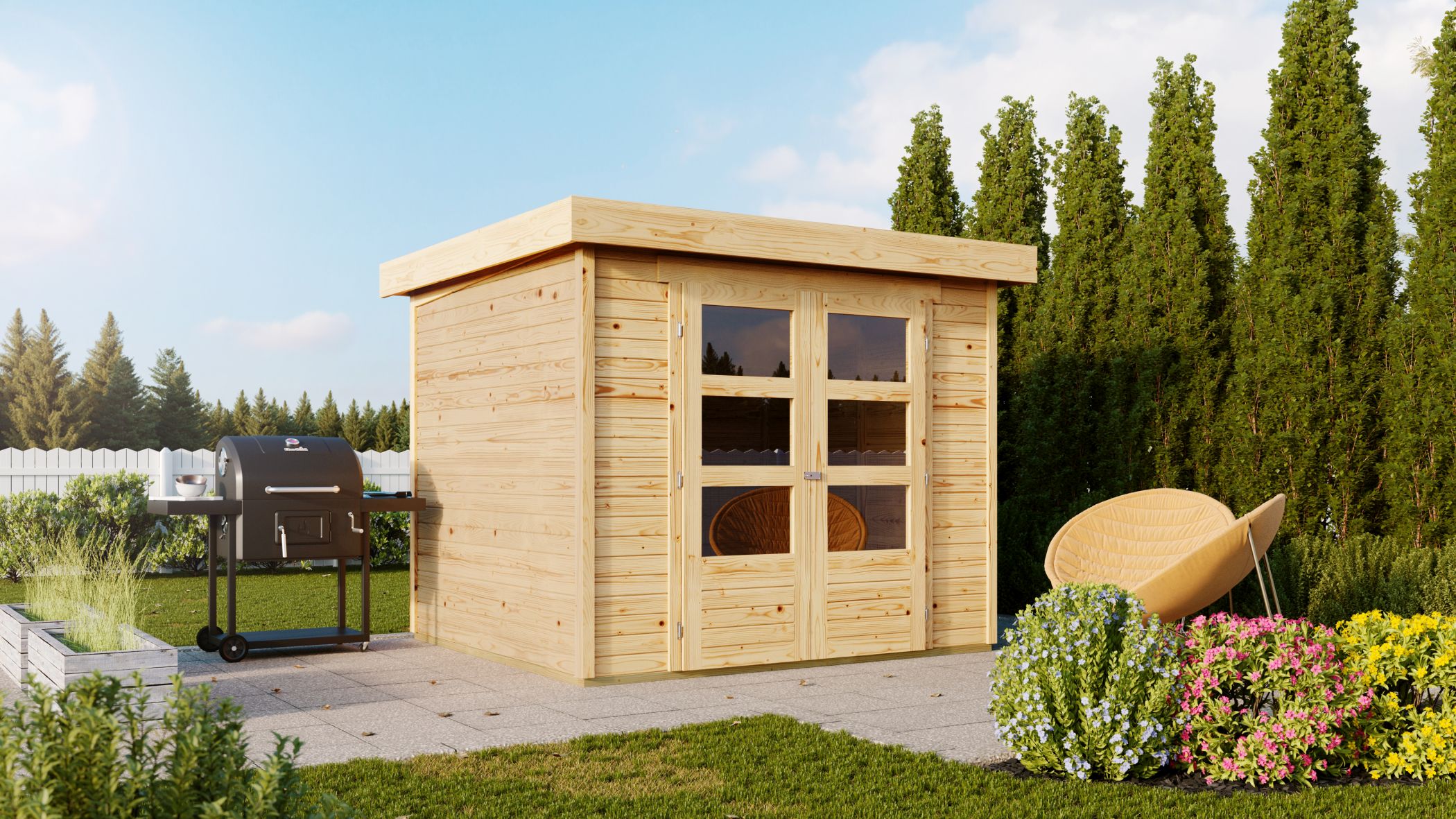 Karibu Gerätehaus Askola 3 mit Anbaudach im Garten