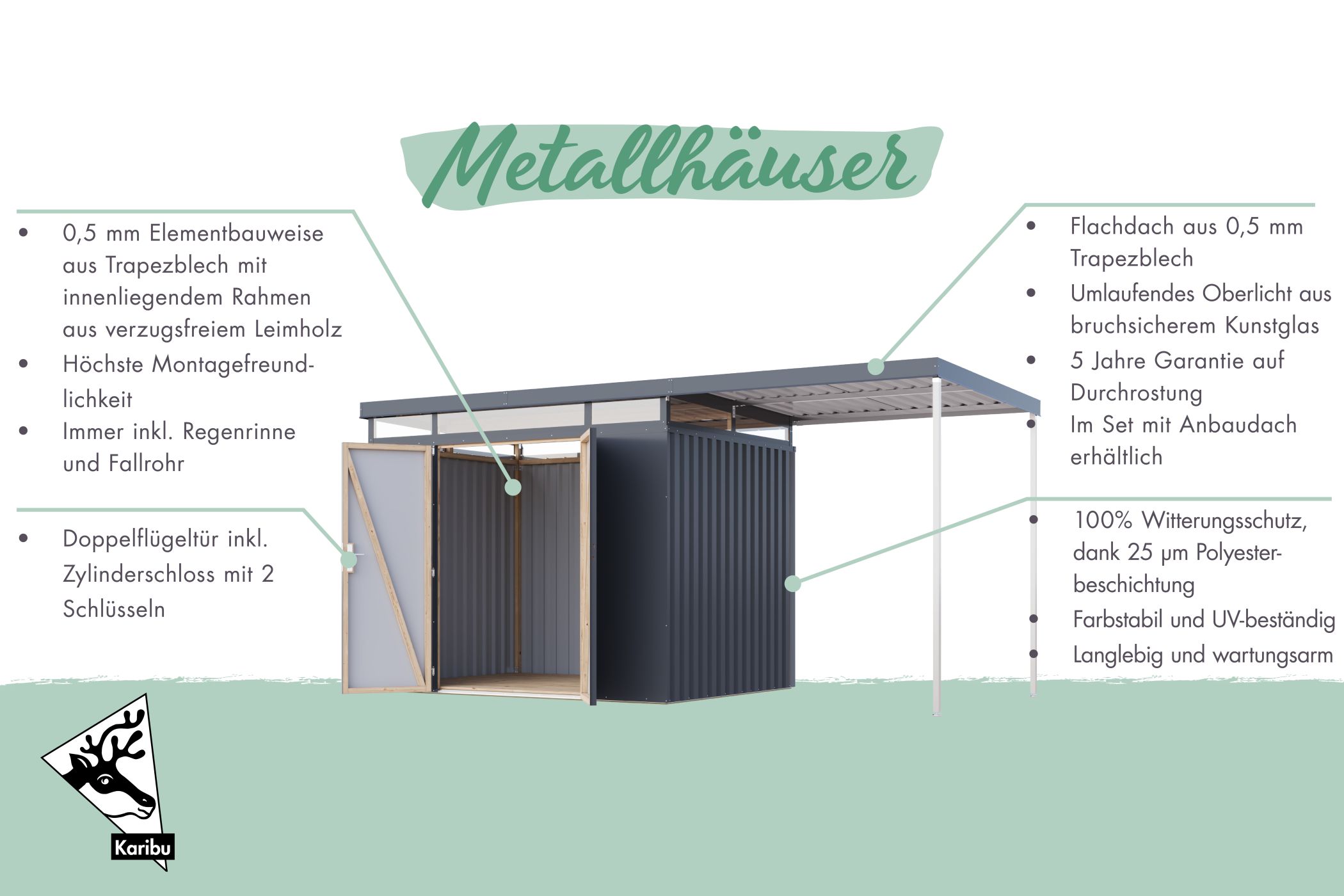 Karibu Gerätehaus aus Metall Aurum 3 in Graualuminium, Außenansicht