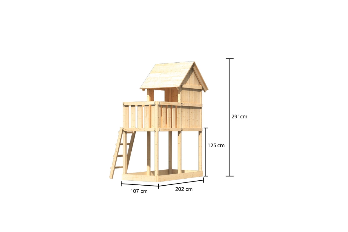 Maßzeichnung des AKUBI Kinderspielhaus Frieda mit Bemaßung von Grundfläche und Höhe