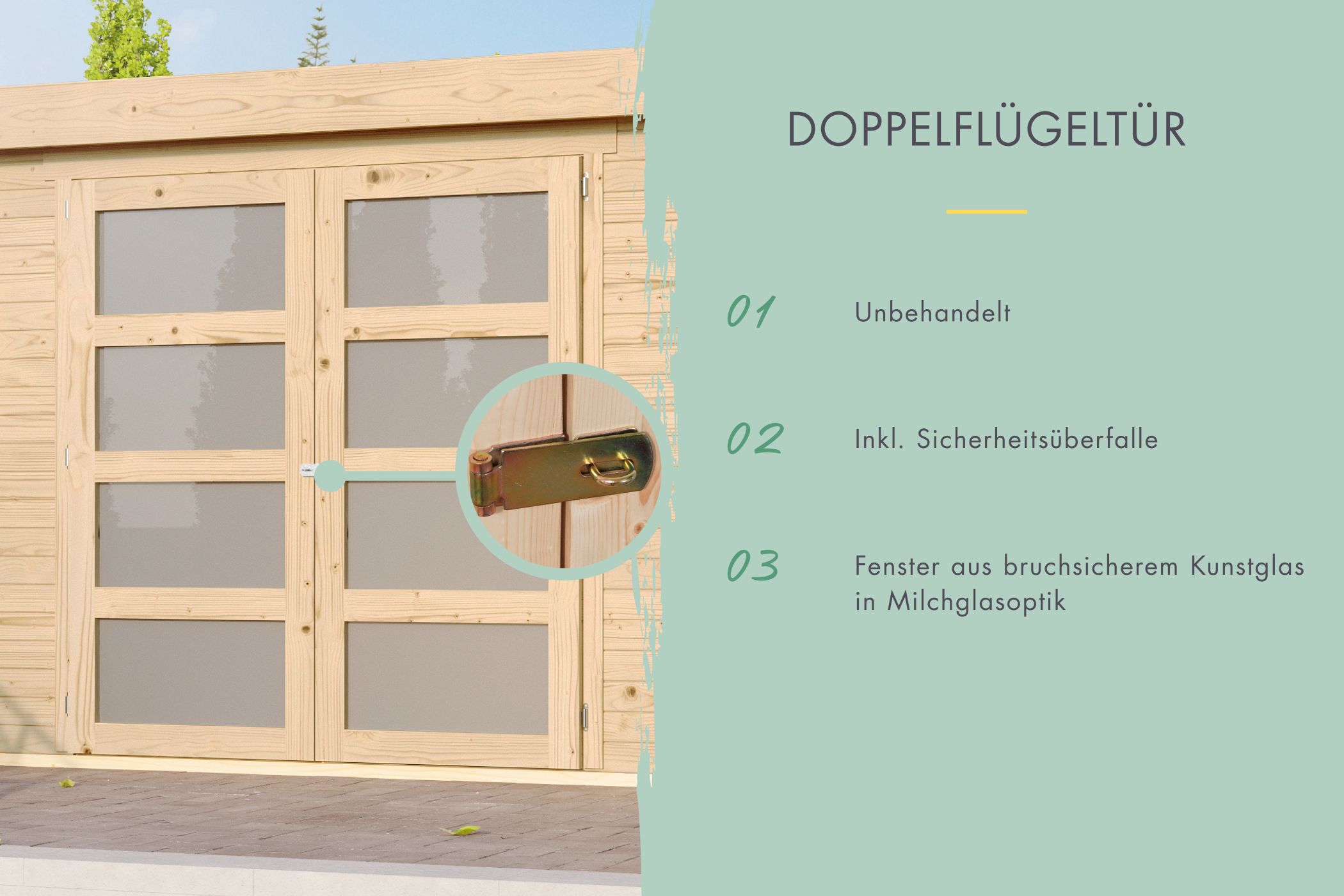 Doppelflügeltür des Karibu großes Gerätehaus Mühlentrup 1 mit Zylinderschloss und Kunstglas