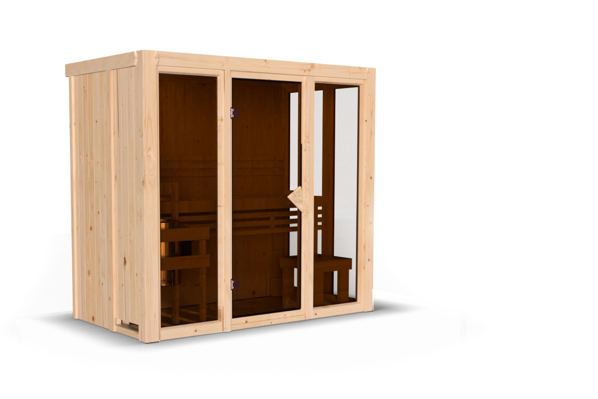 Innenansicht der Karibu Sauna Irava 2 mit Liegen und Kopfstütze aus hellem Espenholz