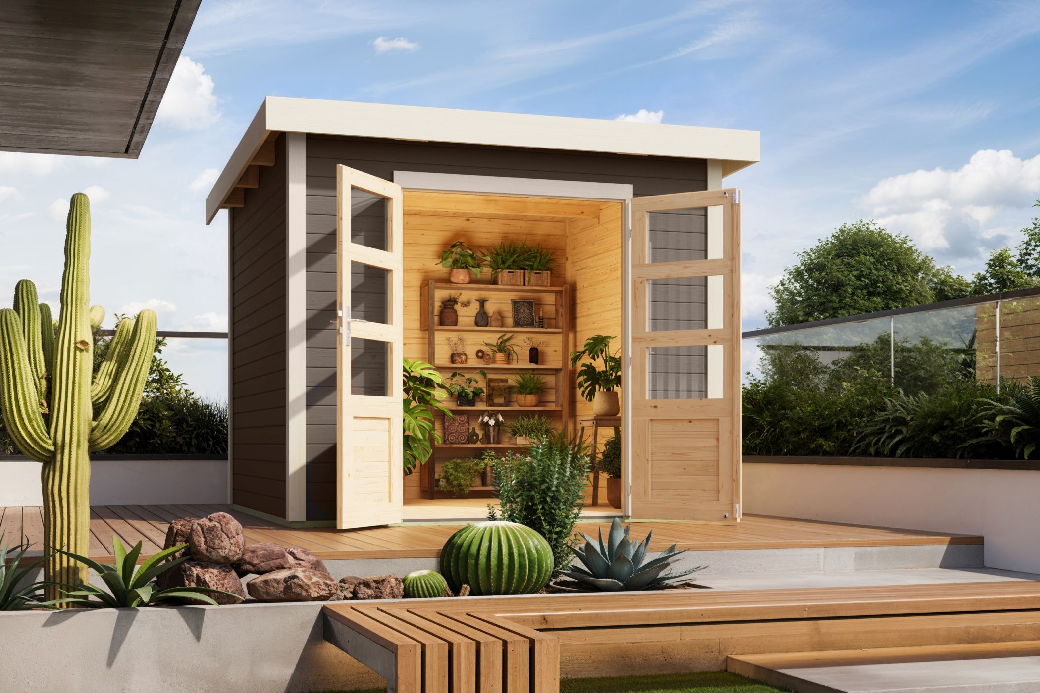 Karibu Gartenhaus Kolbin 6 XXL (Extra hohe Tür) in Naturbelassen im Garten