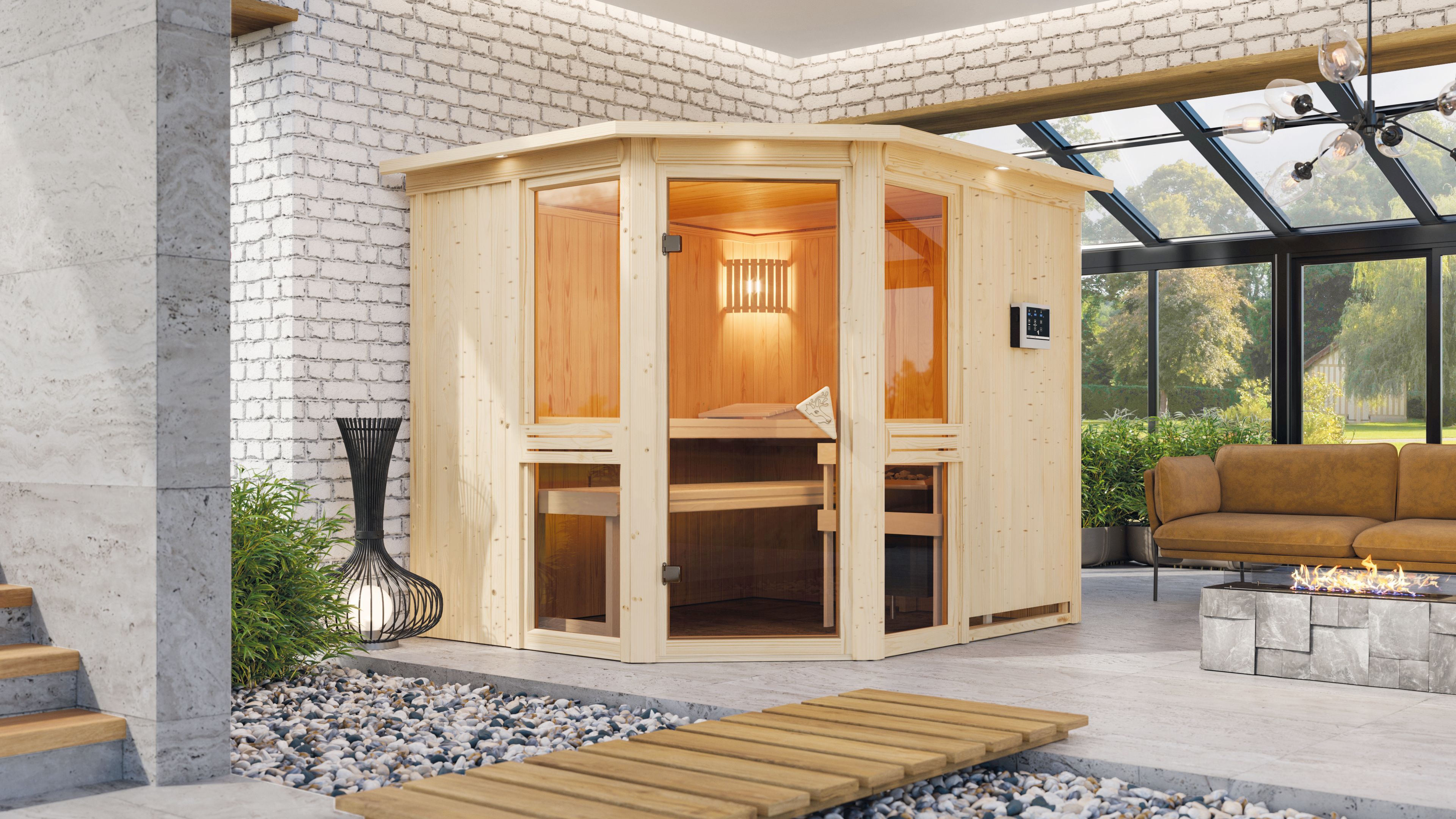 Karibu Sauna Amelia 3 als hochwertige Sauna aus nordischer Fichte im Wohnraum-Ambiente