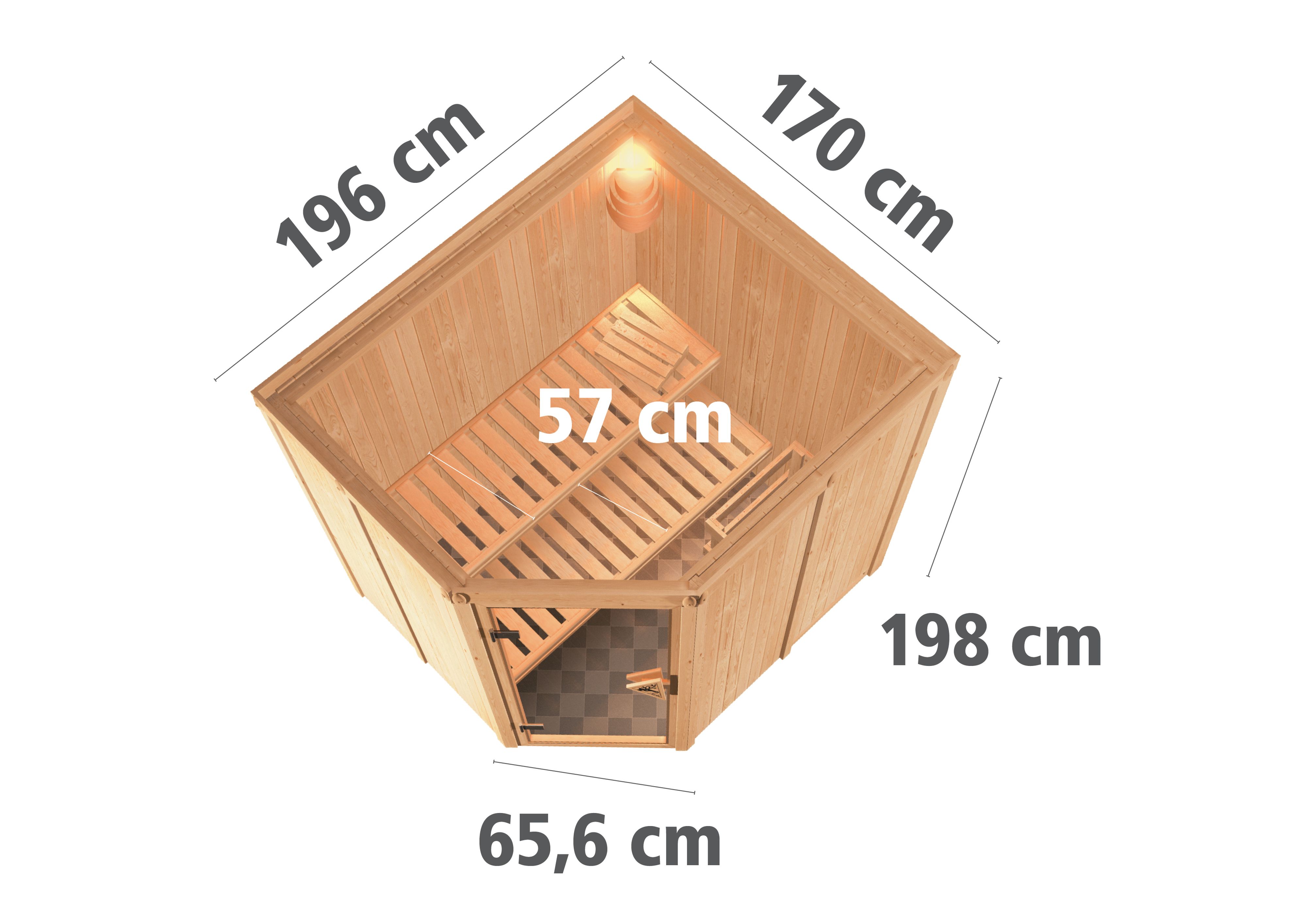 Maßzeichnung der Karibu Sauna Siirin mit Außenmaß 196 × 170 cm und Höhe 198 cm