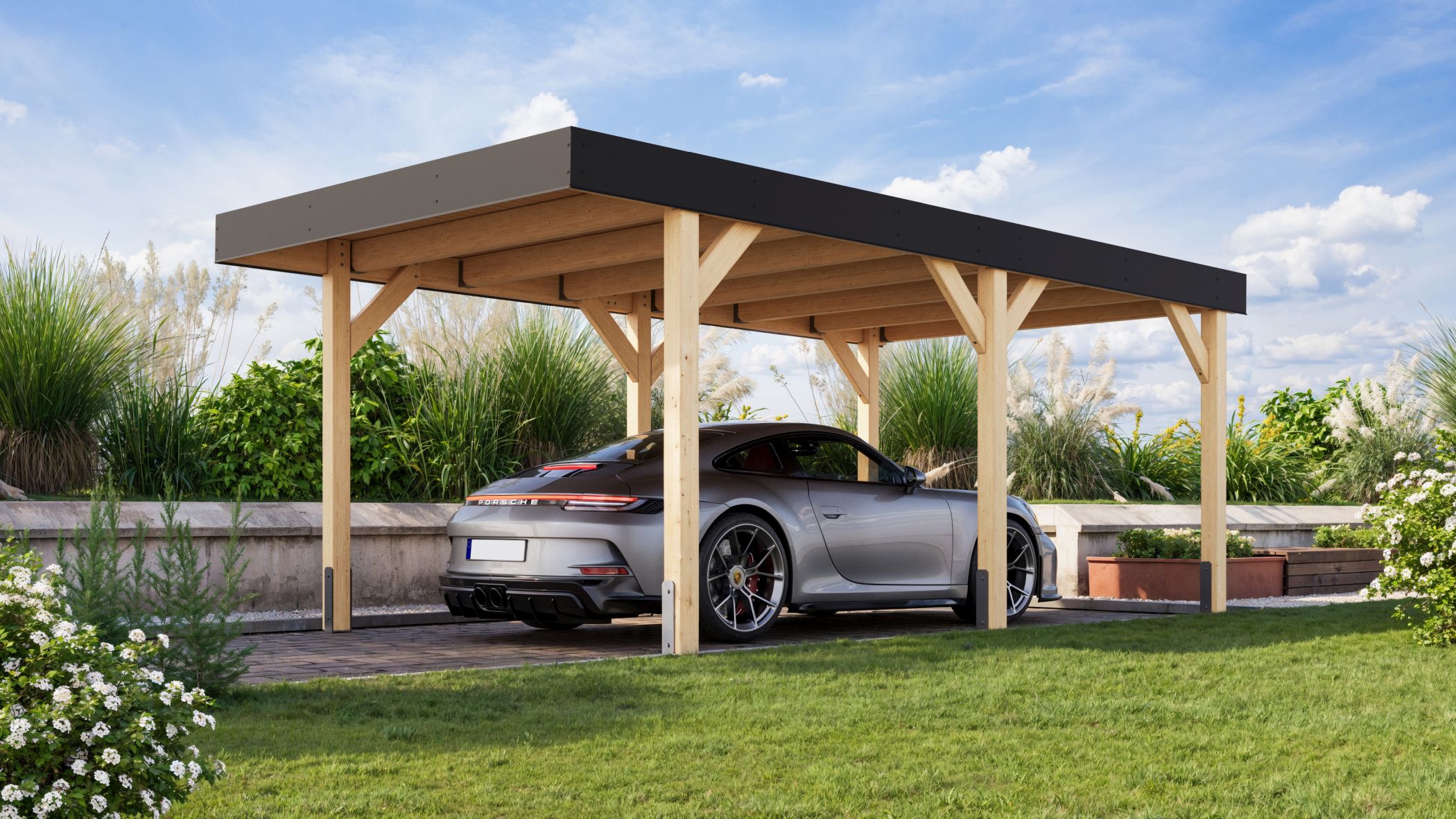 Karibu Einzelcarport Leimholz 1 aus Leimholz mit Flachdach im Garten aufgebaut