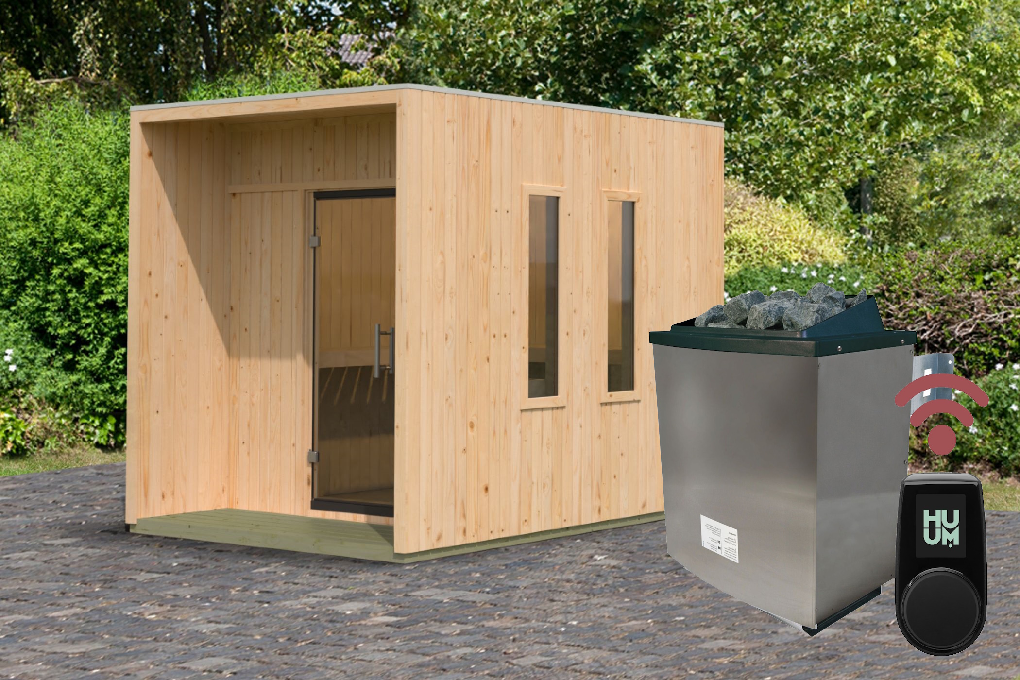Gegenüberstellung von Außen- und Innenseite der Saunawand einer Karibu Gartensauna aus nordischer Fichte