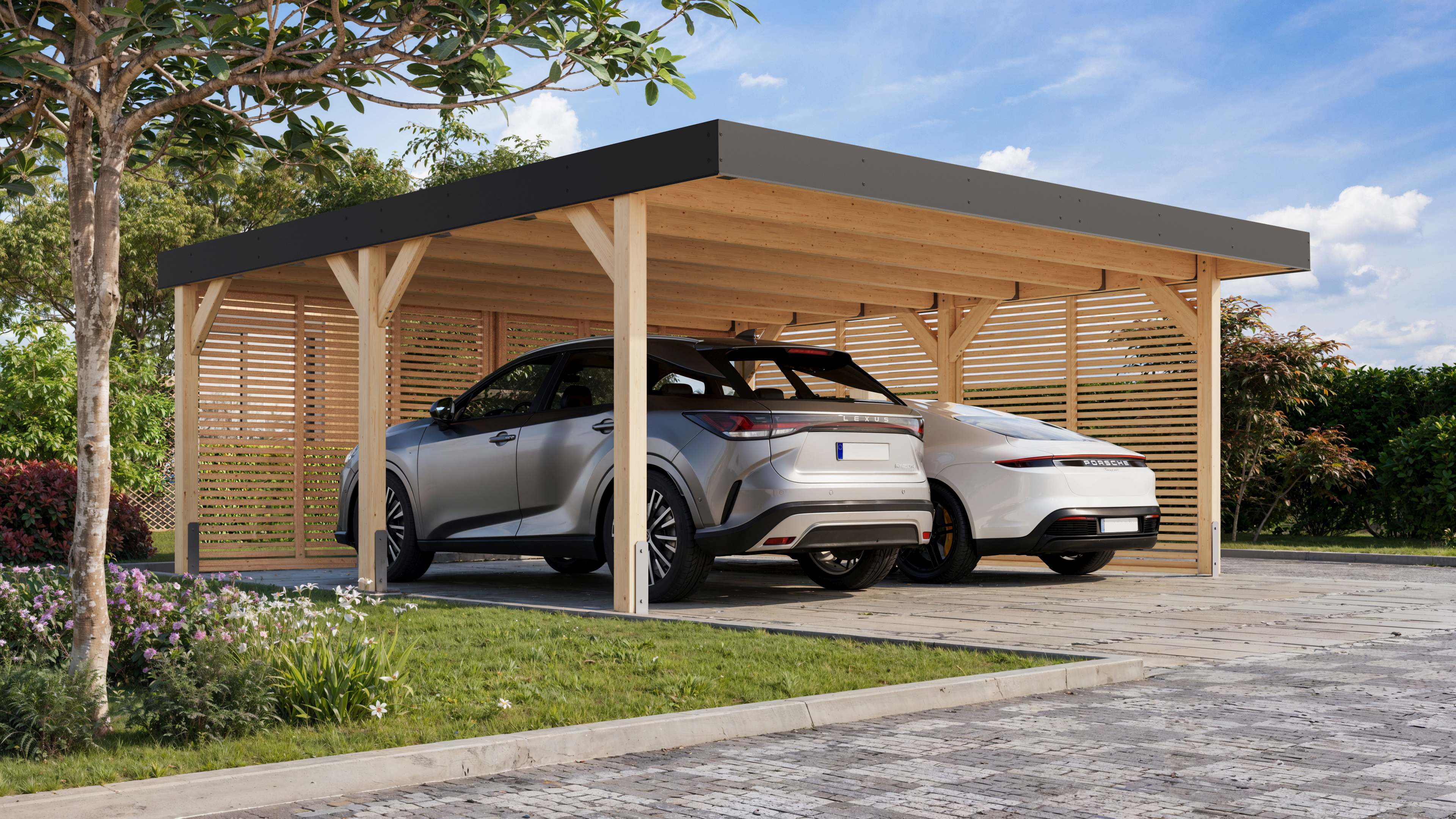 Karibu Doppelcarport Leimholz Karl aus Leimholz im Garten aufgebaut als stimmungsvolle Ambiente-Ansicht