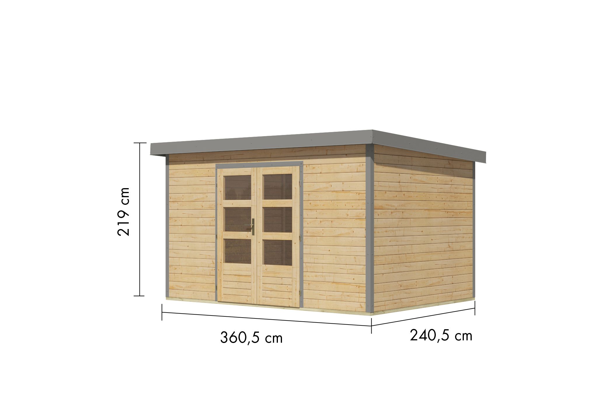 Bemaßte Maßzeichnung des Karibu Gartenhaus Holz & Metall Pluto 7, 360 × 240 cm
