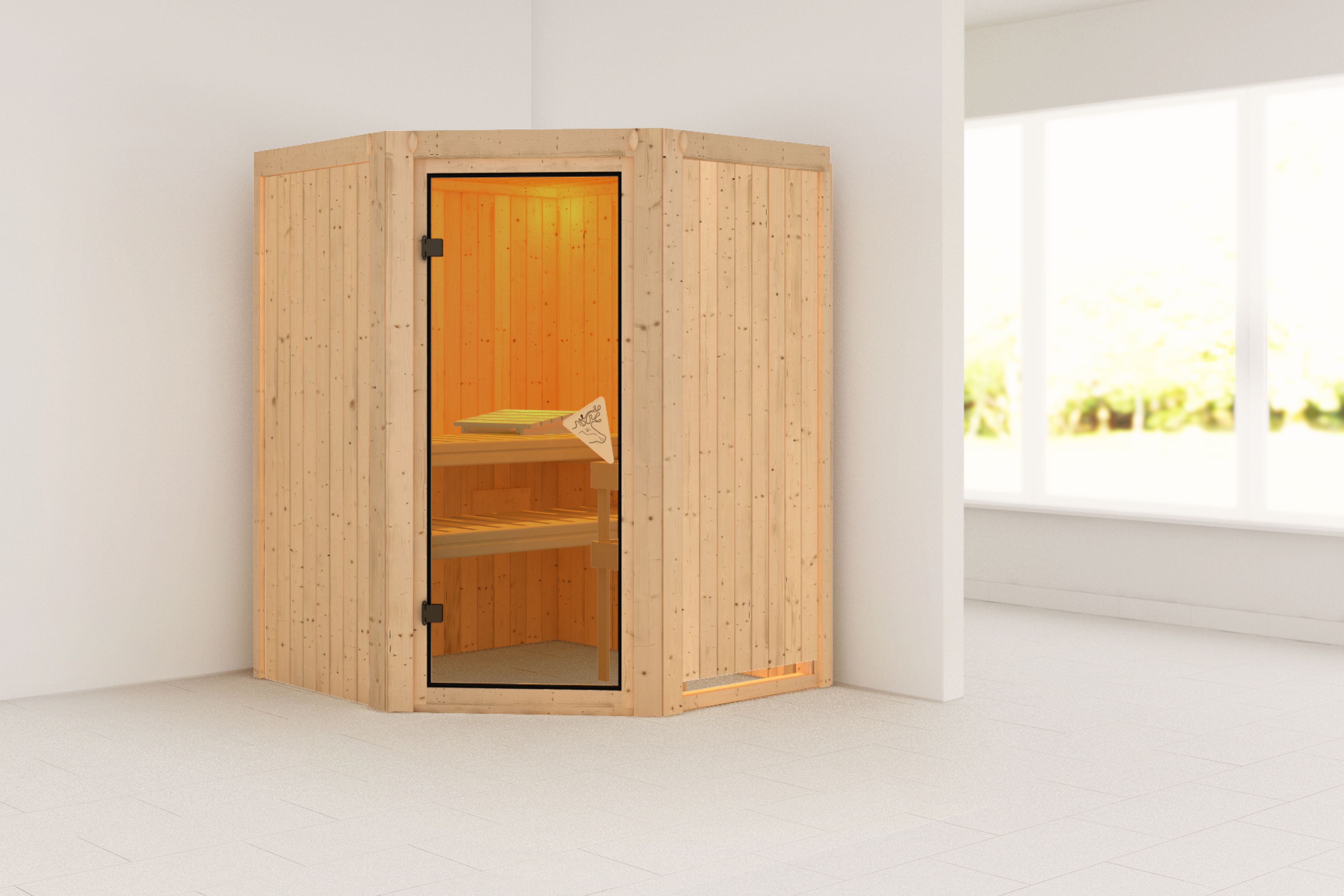 Außenansicht der Karibu Sauna Larin aus nordischer Fichte mit bronzierter Ganzglastür und Fronteinstieg