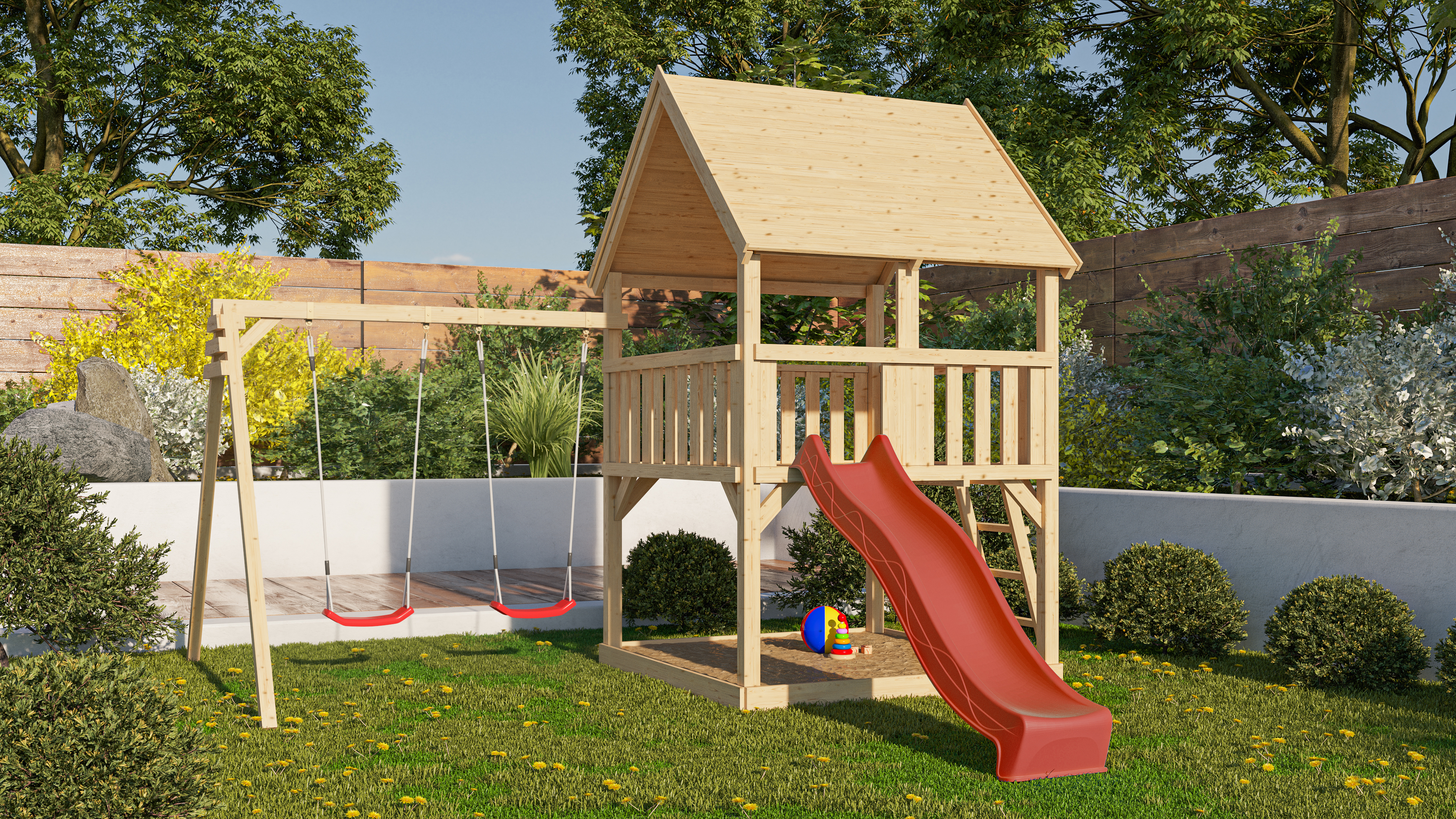 Karibu Spielturm Luis aus Holz, im Garten aufgebaut