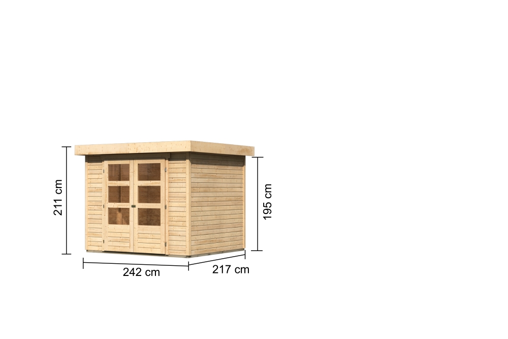 Bemaßte Maßzeichnung des Karibu Gerätehaus Askola 3 mit Bemaßung