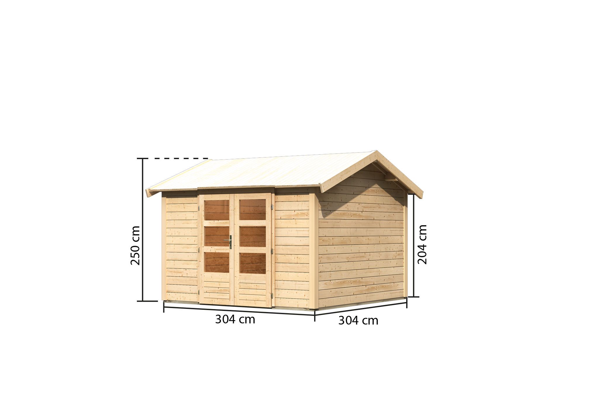 Bemaßte Maßzeichnung des Karibu Gartenhaus Theres 7, 304 × 304 cm