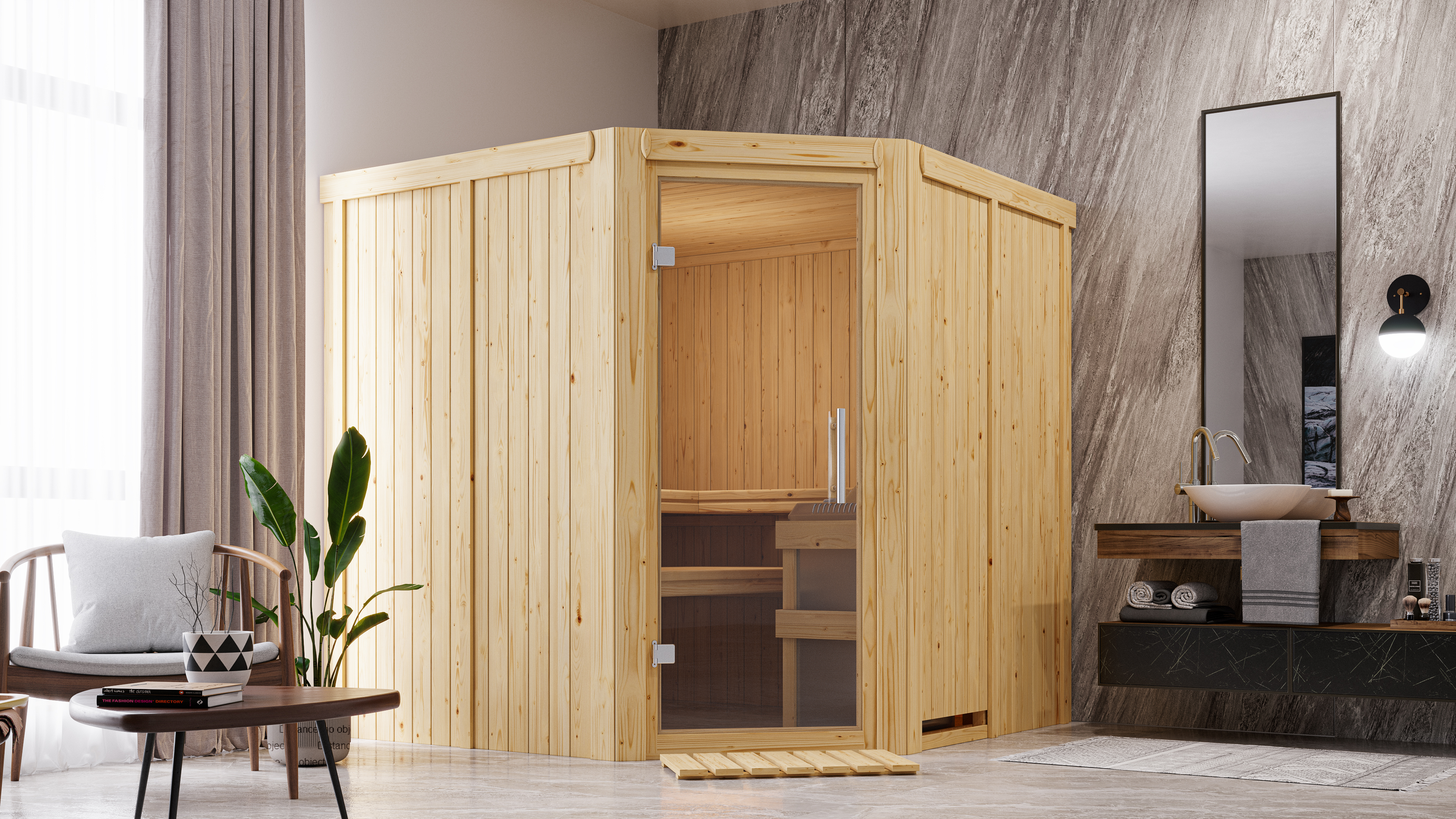 Karibu Sauna Jarin als stimmungsvoller Wellnessbereich in einem modern eingerichteten Wohnraum