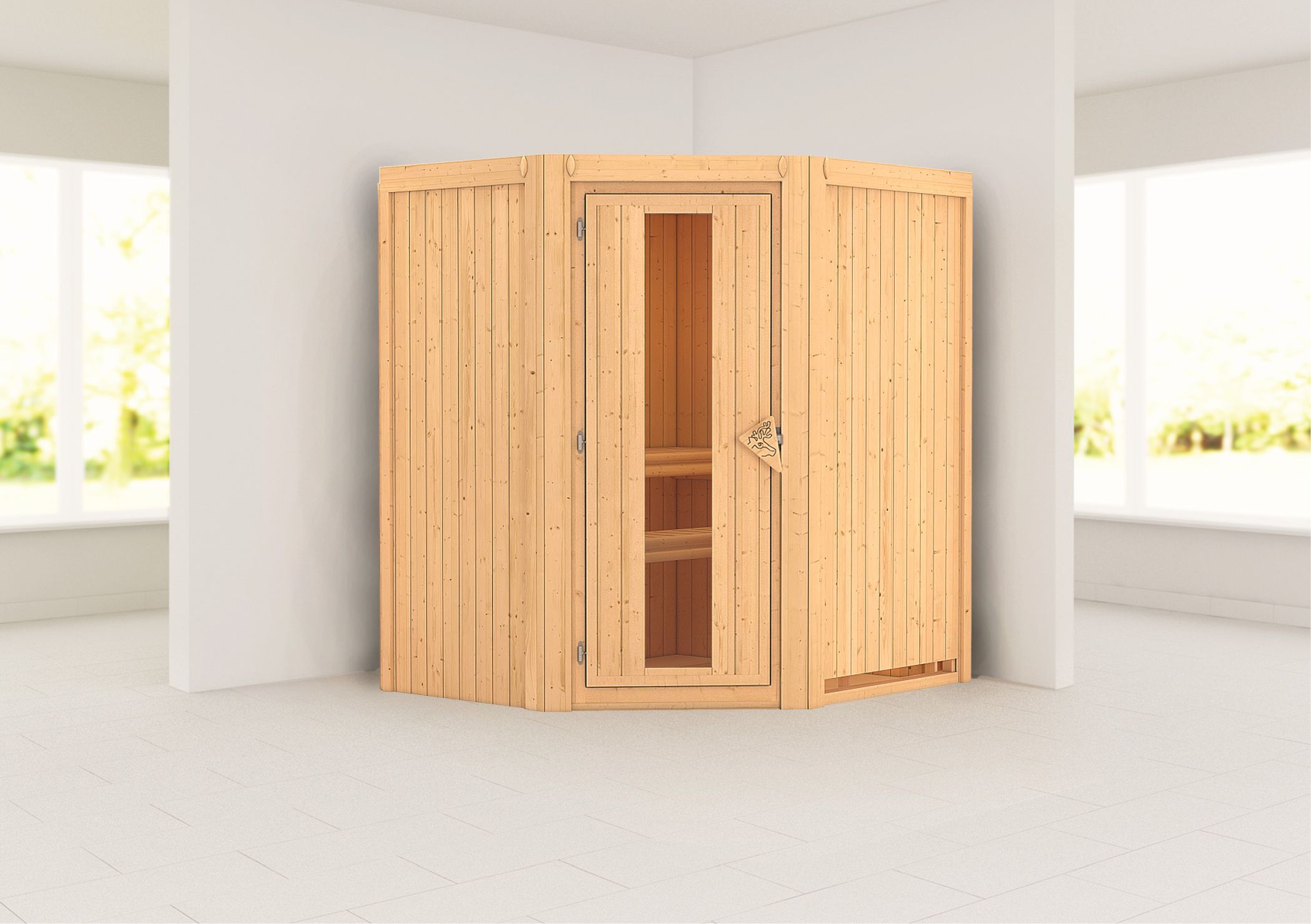 Außenansicht der Karibu Sauna Tonja aus nordischer Fichte mit isolierter Holztür und Fronteinstieg