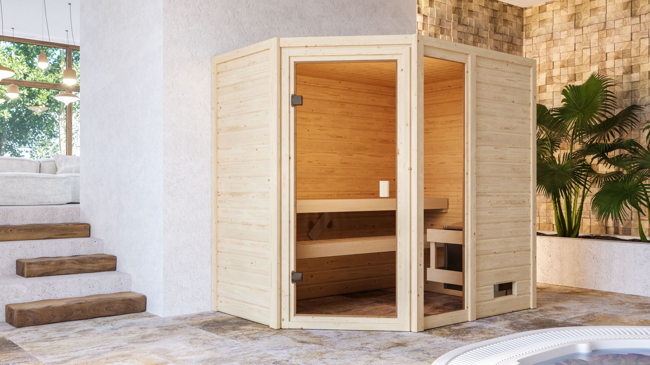 Detailansicht einer Karibu Sauna aus nordischer Fichte